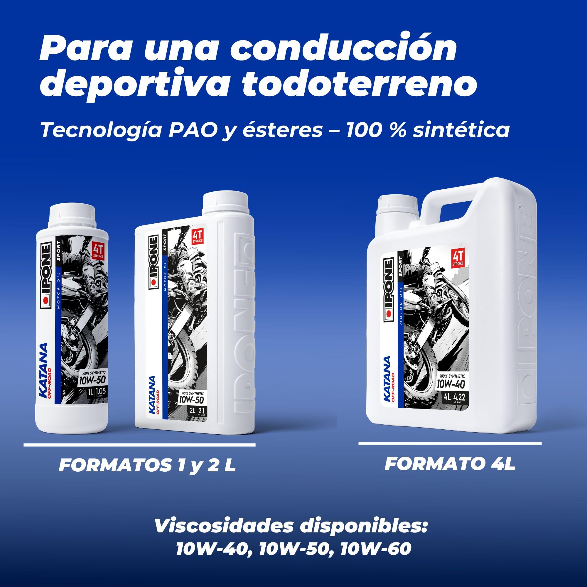 IPONE - Aceite Motor Motos de 4 Tiempos 10W40 Katana Off Road -100% Sintético con Ésteres - Cambio de Marcha Rápido y Preciso - Bidón 4L