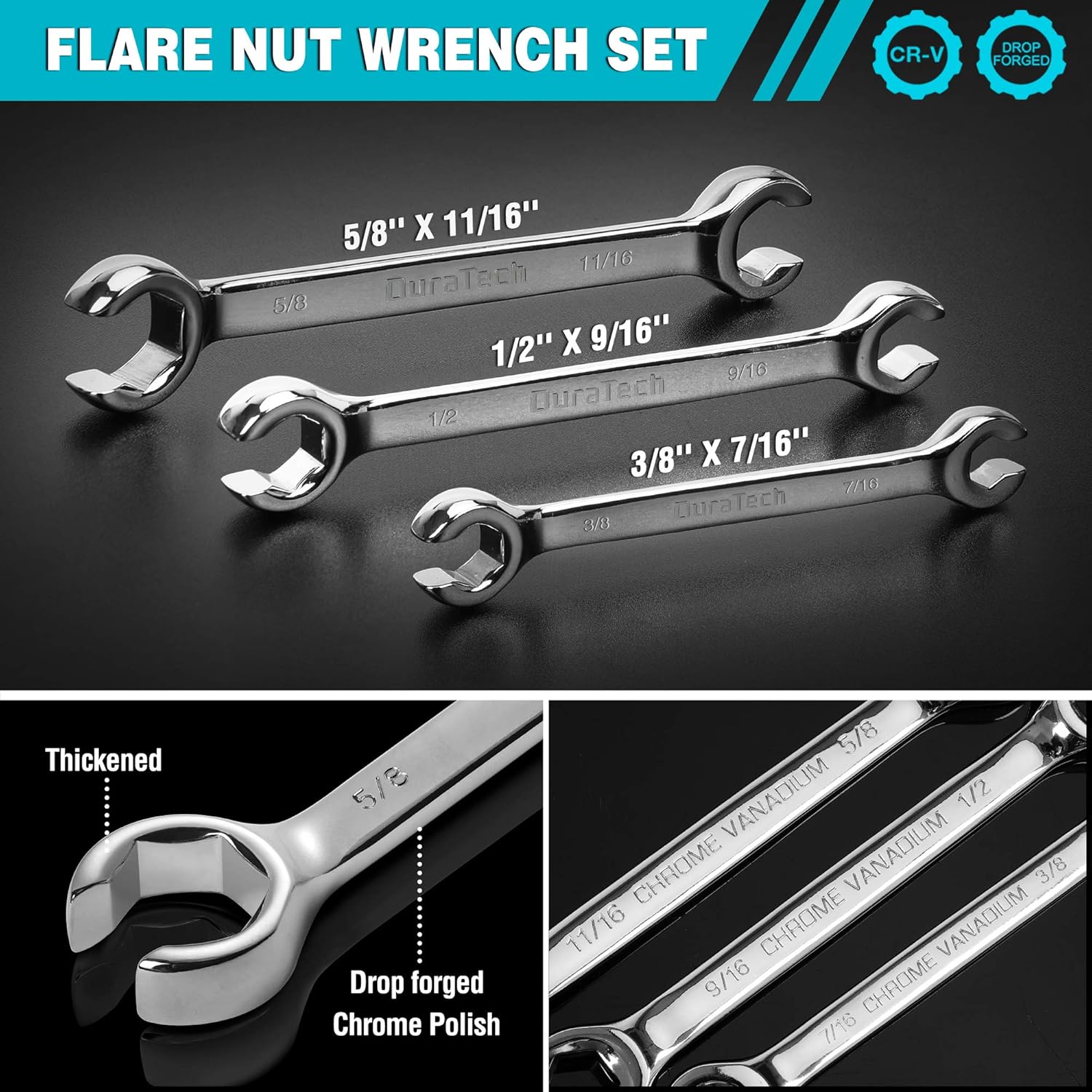 DURATECH 6-Piece Flare Nut Wrench Set, Standard & Metric, 3/8" to 11/16'' & 10-17mm, CR-V Steel, Organizer Pouch Included