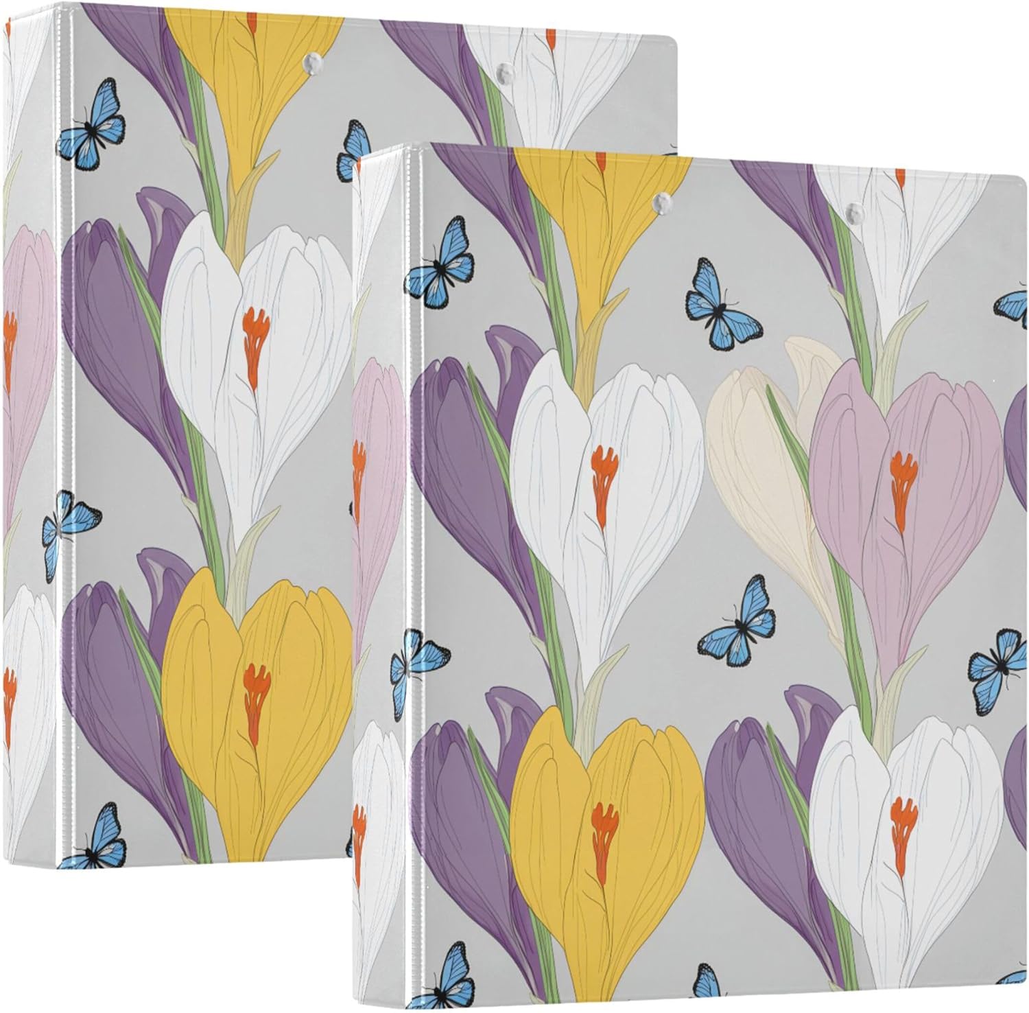 Colorful Crocuses 3 Ring Binders, 1.5” Round Ring Binders with Clipboard - Letter Size, 3 Interior PVC Clear Pockets & Anti-Slip Clip for Office School Supplies, 2PCS