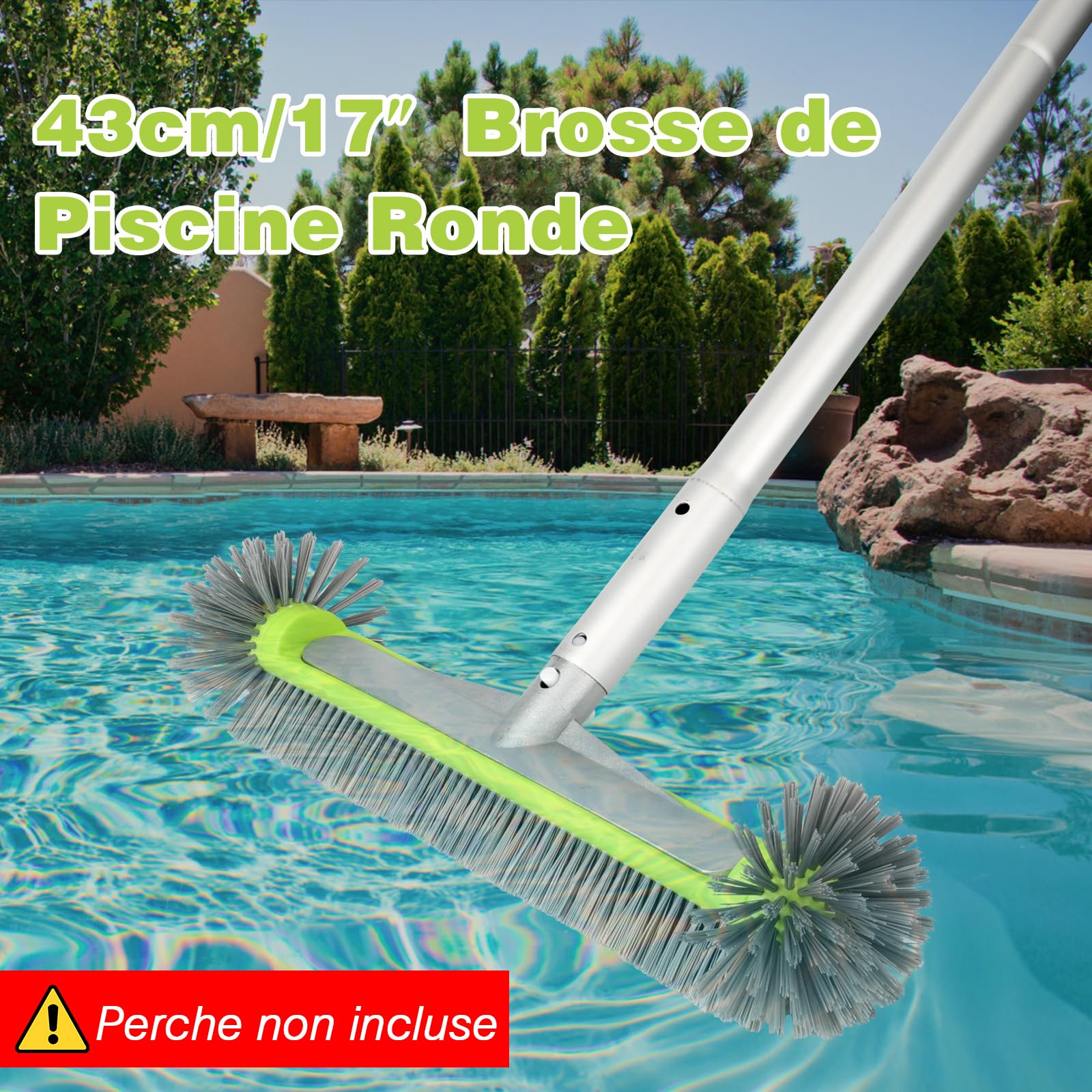 Brosse de Piscine Ronde, 43cm/17″ Balai Piscine Brosse avec Gants Antidérapants et Serviette Absorbante pour Carrelage, Murs & Coins Récalcitrants (sans Barre Télescopique)