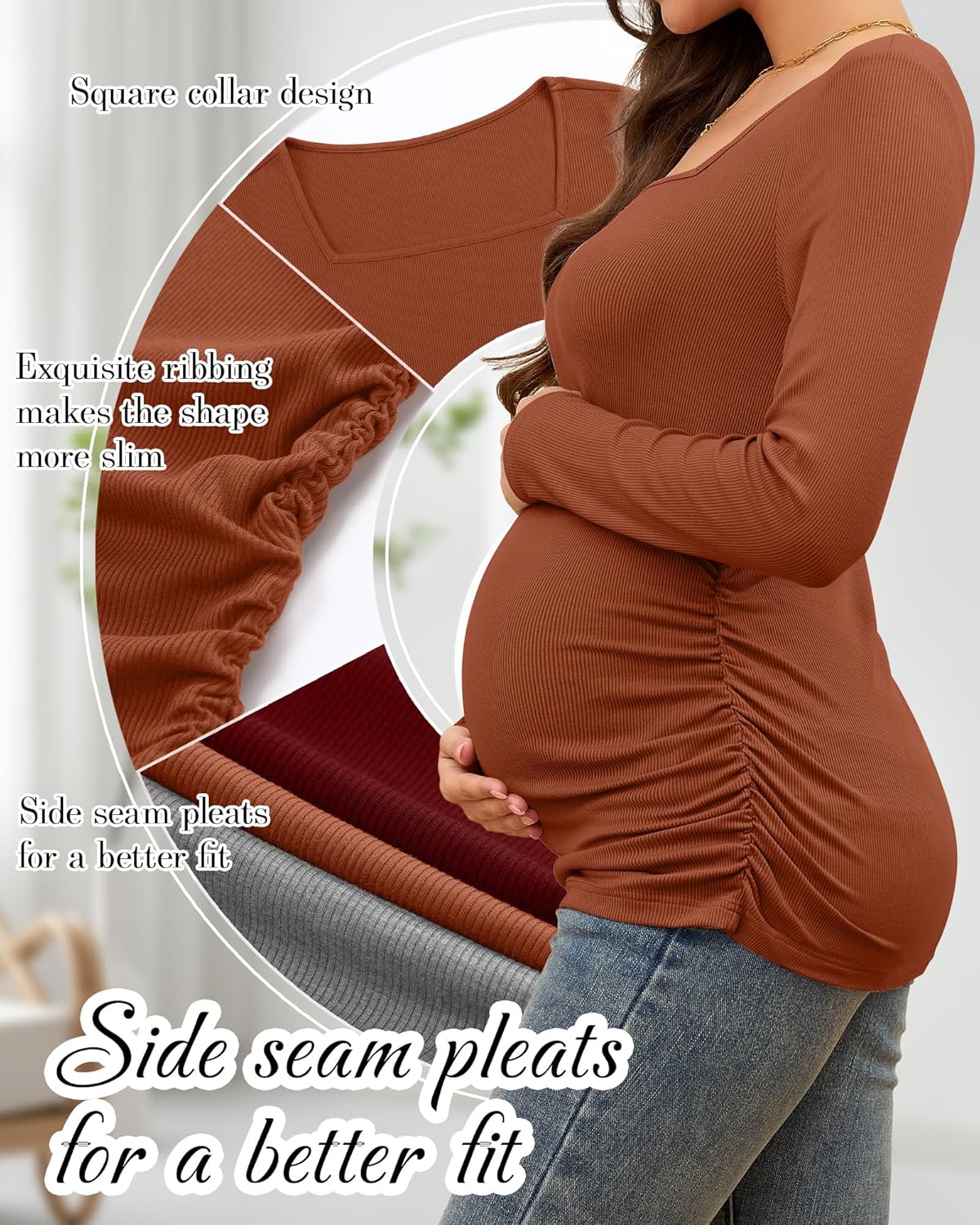 Huukeay 4 Pack Women's Maternity Shirts Cotton Ribbed Long Sleeve Square Neck Pregnancy Tunic Tops Side Ruched Basic Tee - Image 4