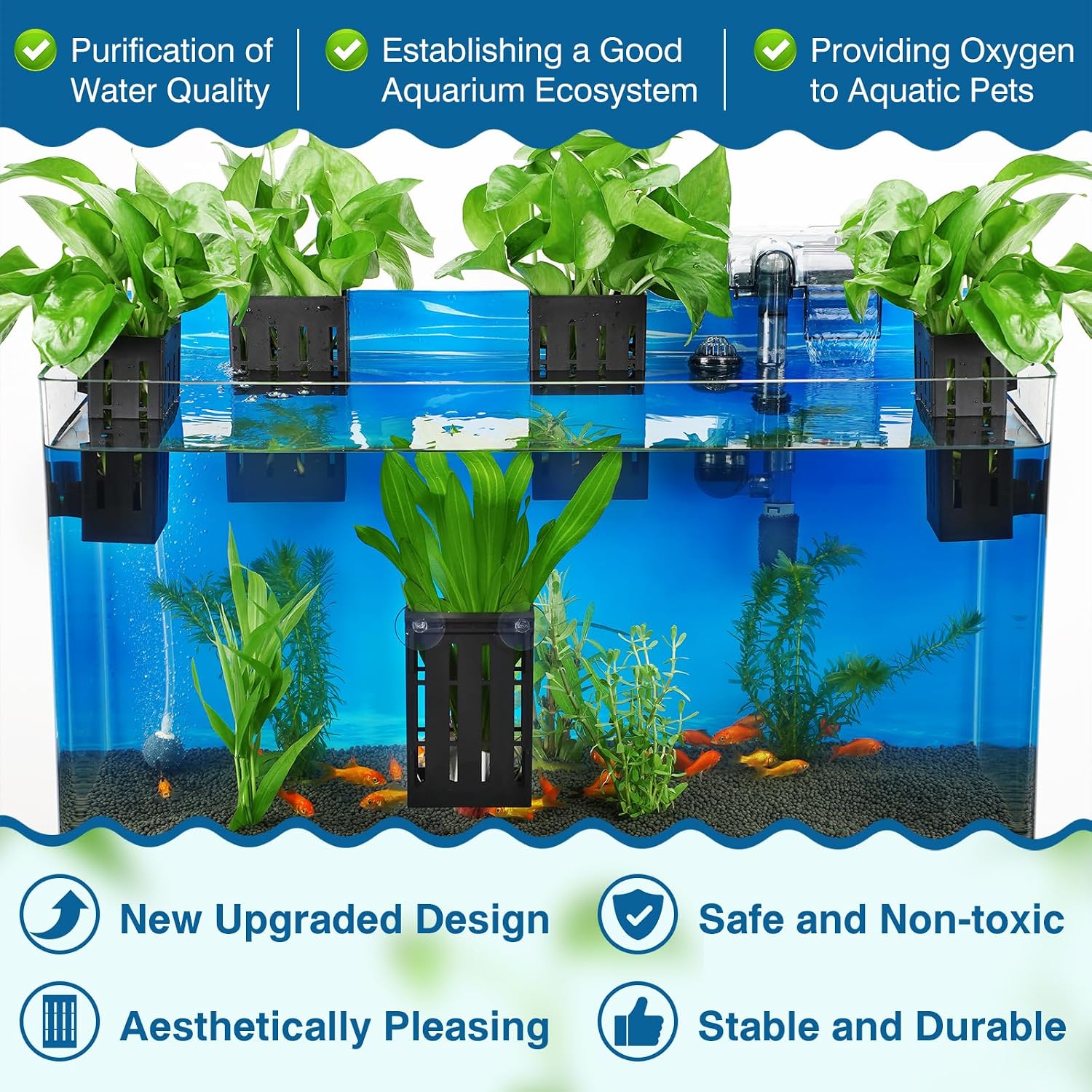 Borlech Upgraded Large Aquarium Plant Holder with Hooks and Suction Cups for Fish Tank Aquaponic Plant Cultivation and Aquascape Decorations (Black)