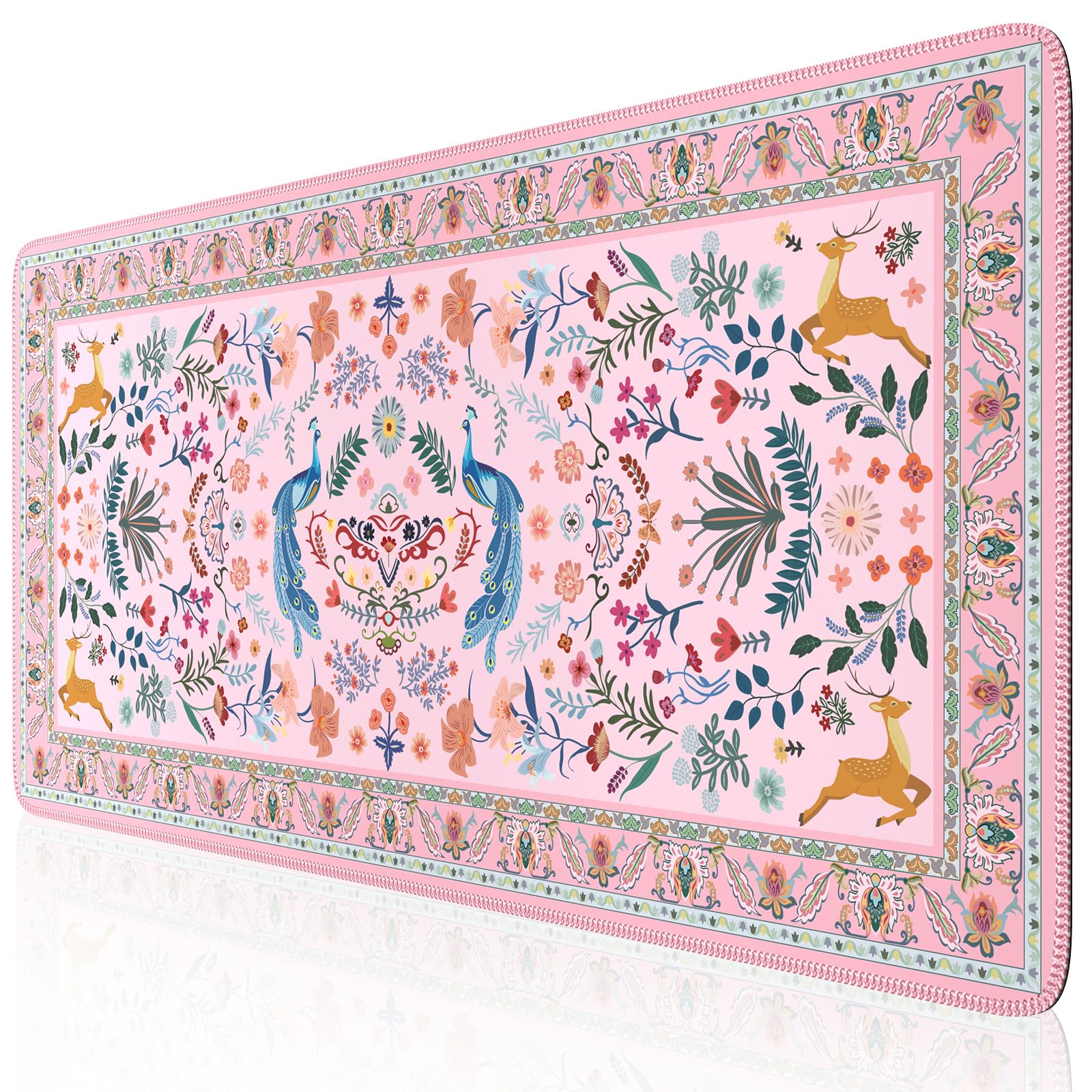 iCasso Desk Matt for Desktop, Large Mouse Pad for Desk, XXL Desk Mat, Cute Desk Pad Mat, Anti-Slip Big Mousepad with Stitched Edges, Keyboard Pad for Computer(Pink-Peafowl)