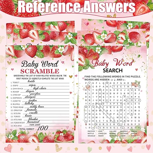 Miniatura 6 de Sherr 424 piezas de suministros de juegos de baby shower de fresa, 6 juegos de 300 tarjetas de actividades, 1 letrero de caza de chupete, 50
