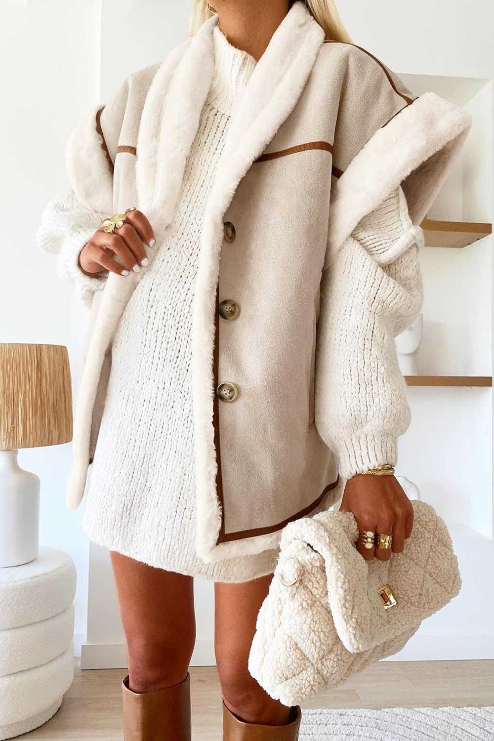 Cicy Bell Womens Suede Sherpa Vest Faux Fur Shearling Jacket Oversized Cap Sleeve Button Down Winter Coats - Image 2