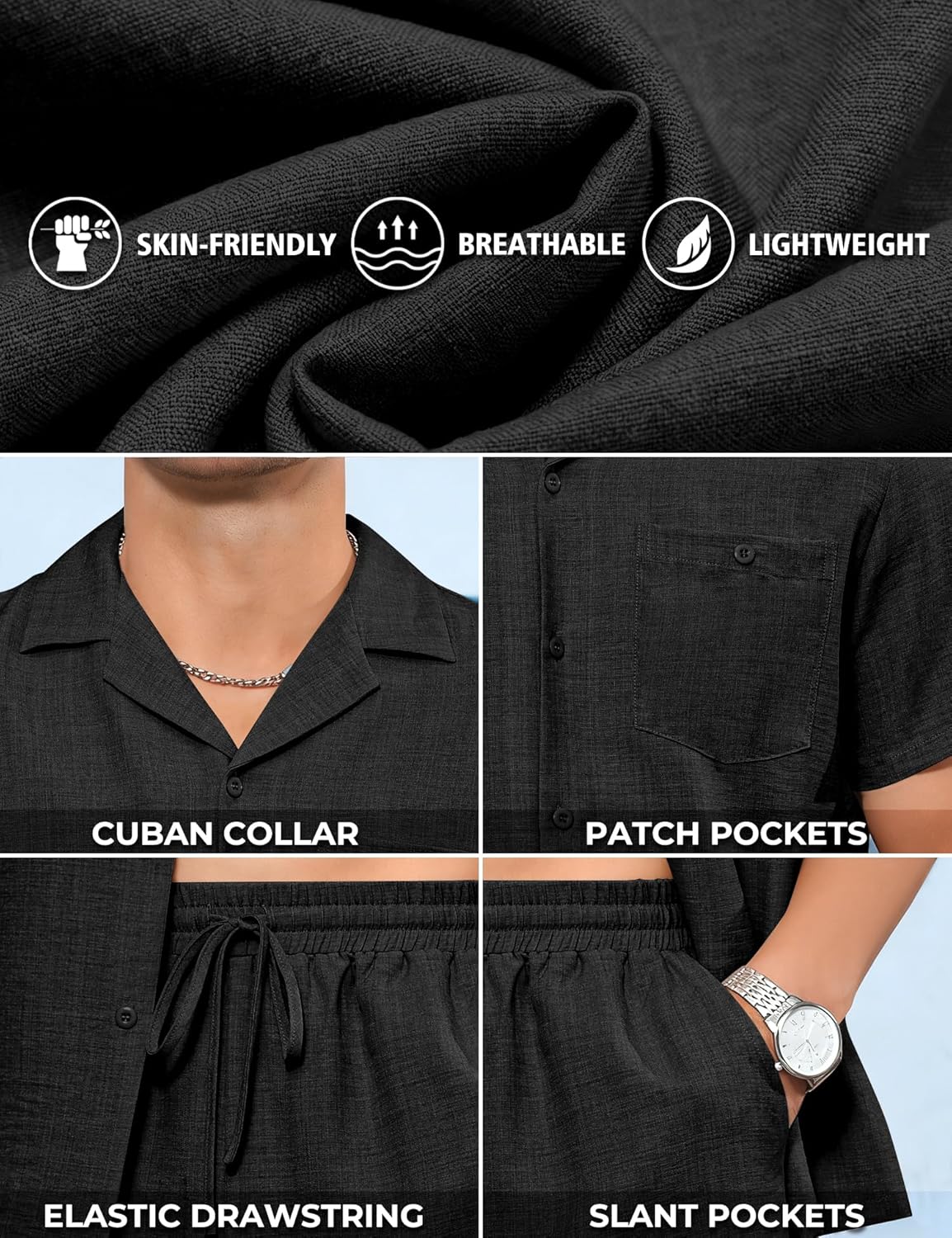 LecGee Men's Short Sleeve 2 Piece Set Simple Shirt Summer Button Vacation Linen Loose Pants Solid Color Causal Tracksuit