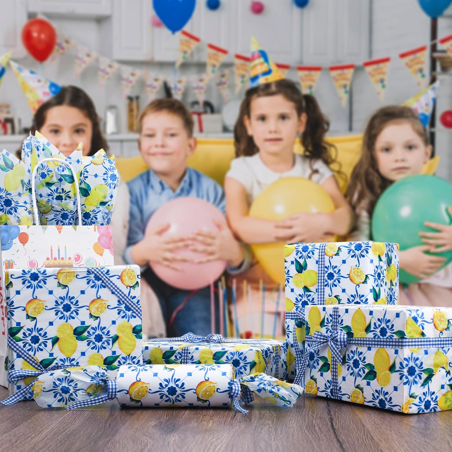 100 Sheets Blue Tiles Lemon Tissue Paper, 20'' x 14'' Blue Tiles Lemons Gift Wrapping Paper Lemon Patterns Art Craft Paper for Birthday Gift Bag Fillers Wedding Bridal Shower Party Supplies