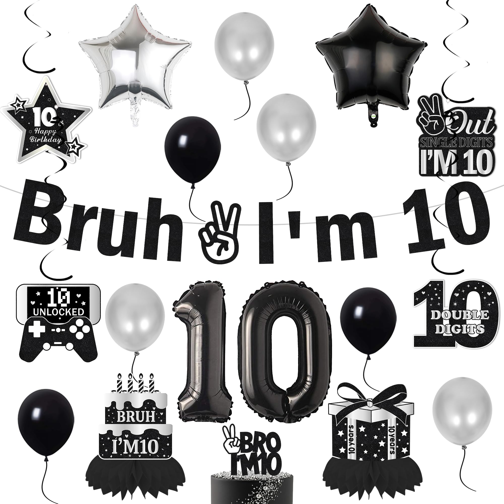 Bruh 10th Birthday Decorations for Boys - Bruh I'm 10 Banner Number Heart Balloons Honeycomb Centrepieces Cake Topper, Black Gold Double Digits 10 Years Old Boys Party Supplies