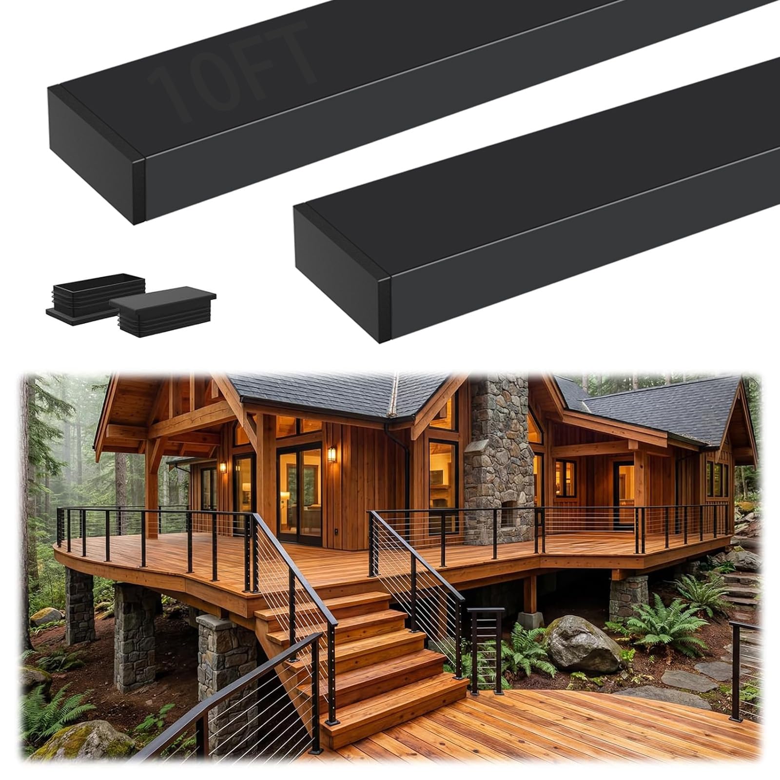 Photo 1 of ***DAMAGED - SEE NOTES/PICTURES***
Zylorix 2Pack 10FT Stainless Steel T304 Black Handrail for Cable Railing with Nylon End Cap Kits, 2.36" W x 1.18" H Cuttable Flat Handrail Rectangular Top Rail for Stair Railing Indoor Outdoor