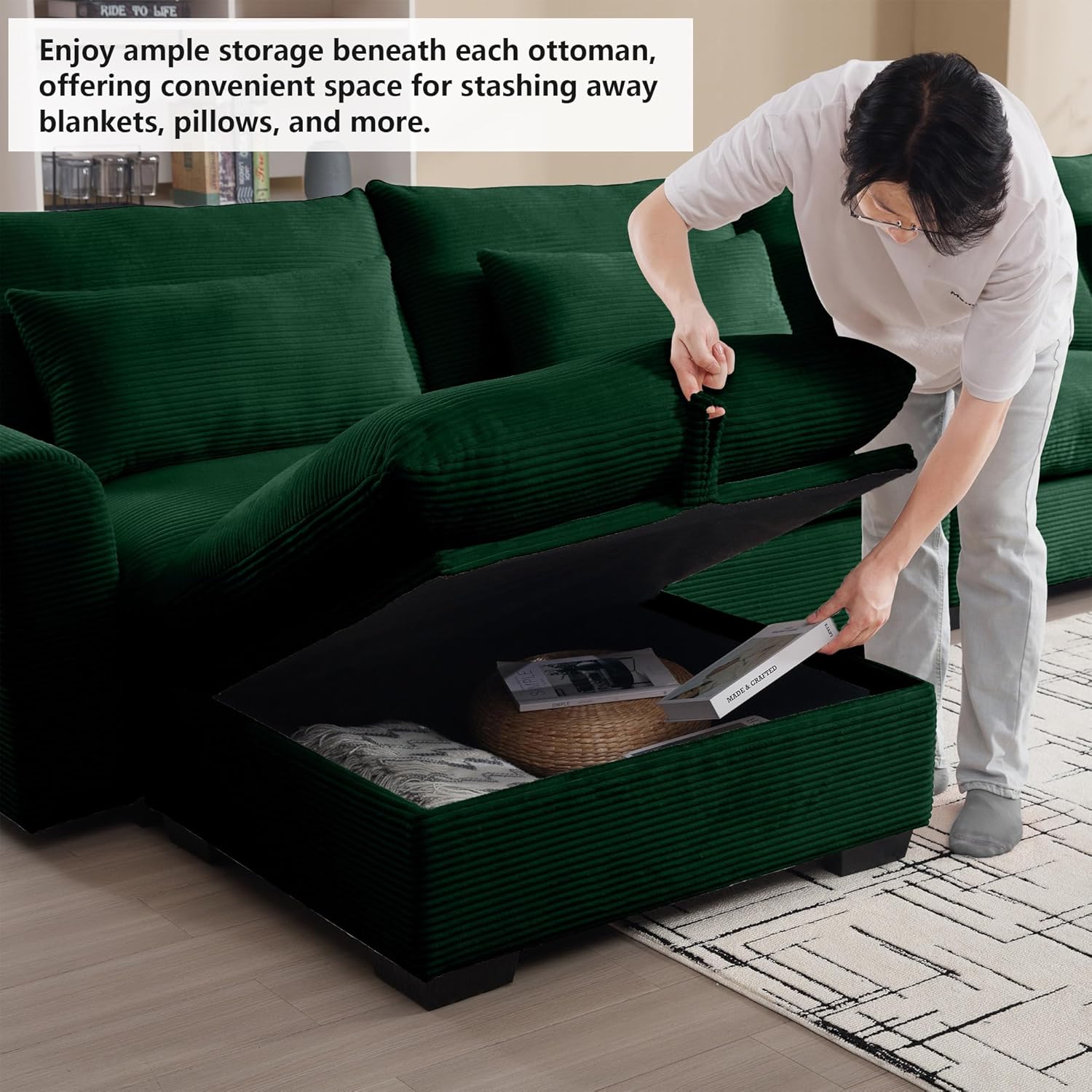 mikibama Corduroy Deep Seat Upholstered Couches Ottoman for Modular Sectional Sofa, Storage, Green