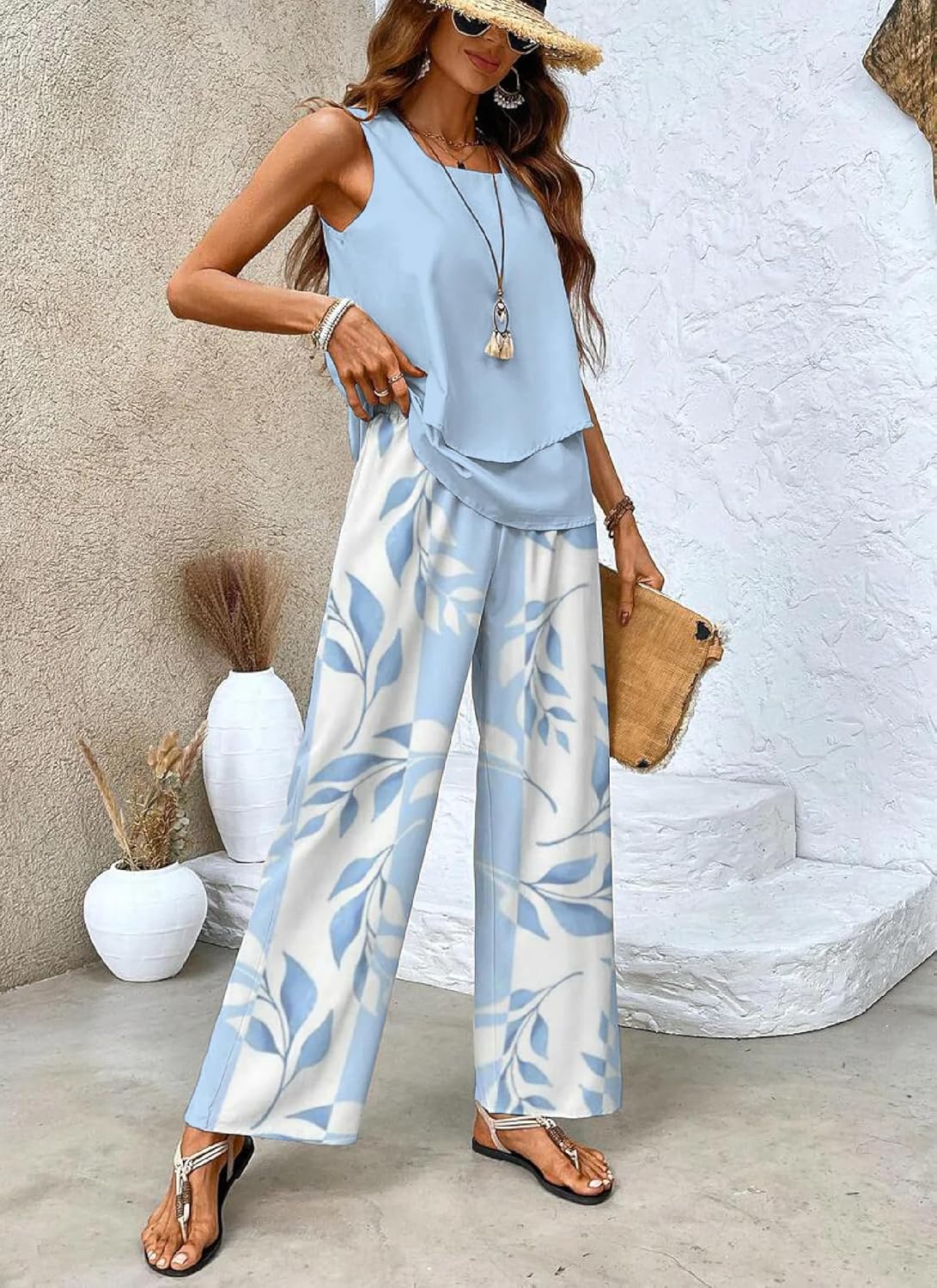 2 Piece Sets for Women Polka Dots Square Neck Tops Wide Leg Crop Pants Vacation Summer Travel Outfits - Image 2