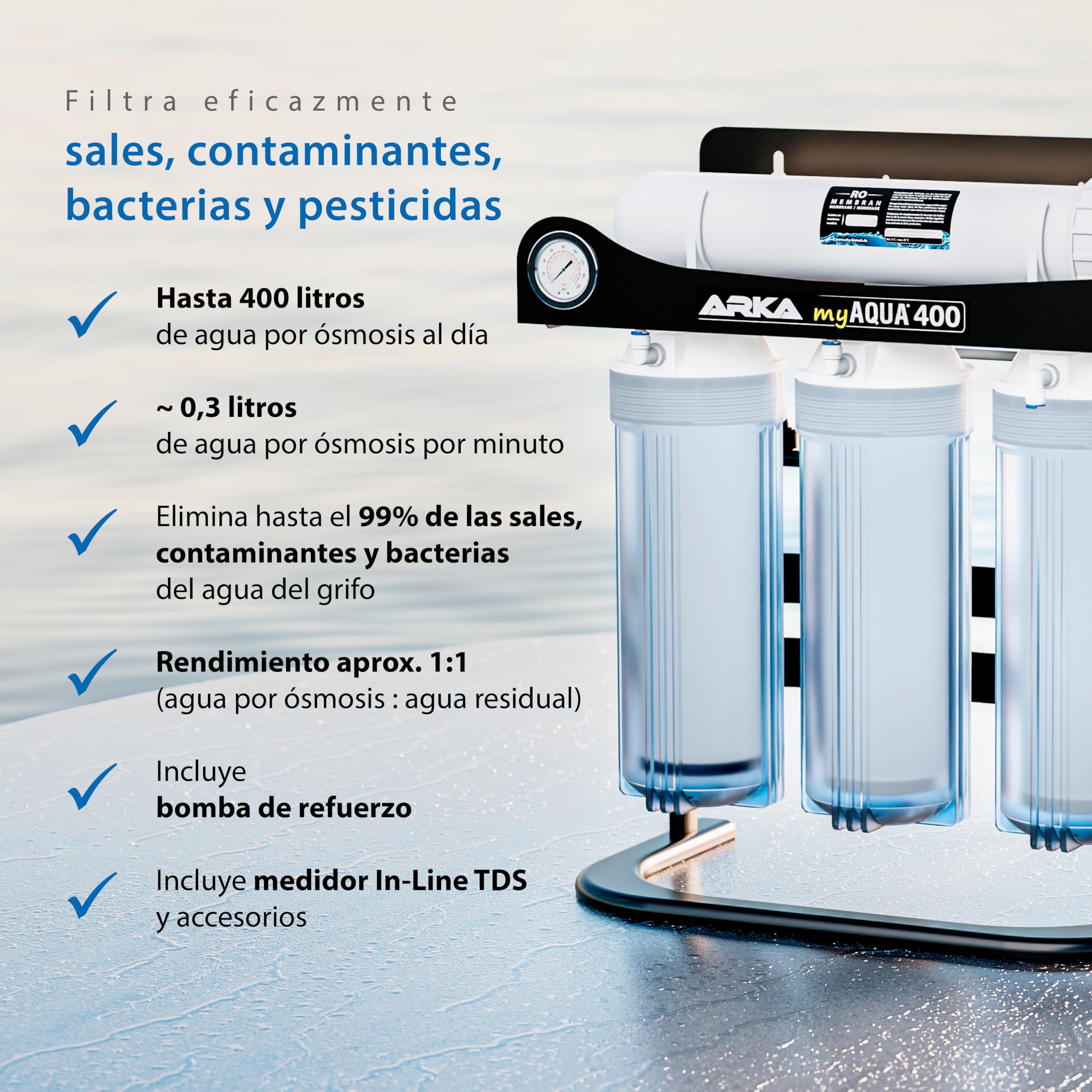 Sistema de ósmosis inversa ARKA myAQUA 400 – hasta 400 l/día con bomba de presión – elimina 99 % de sales y contaminantes – agua pura para acuarios y hogar – kit completo con TDS y manómetro