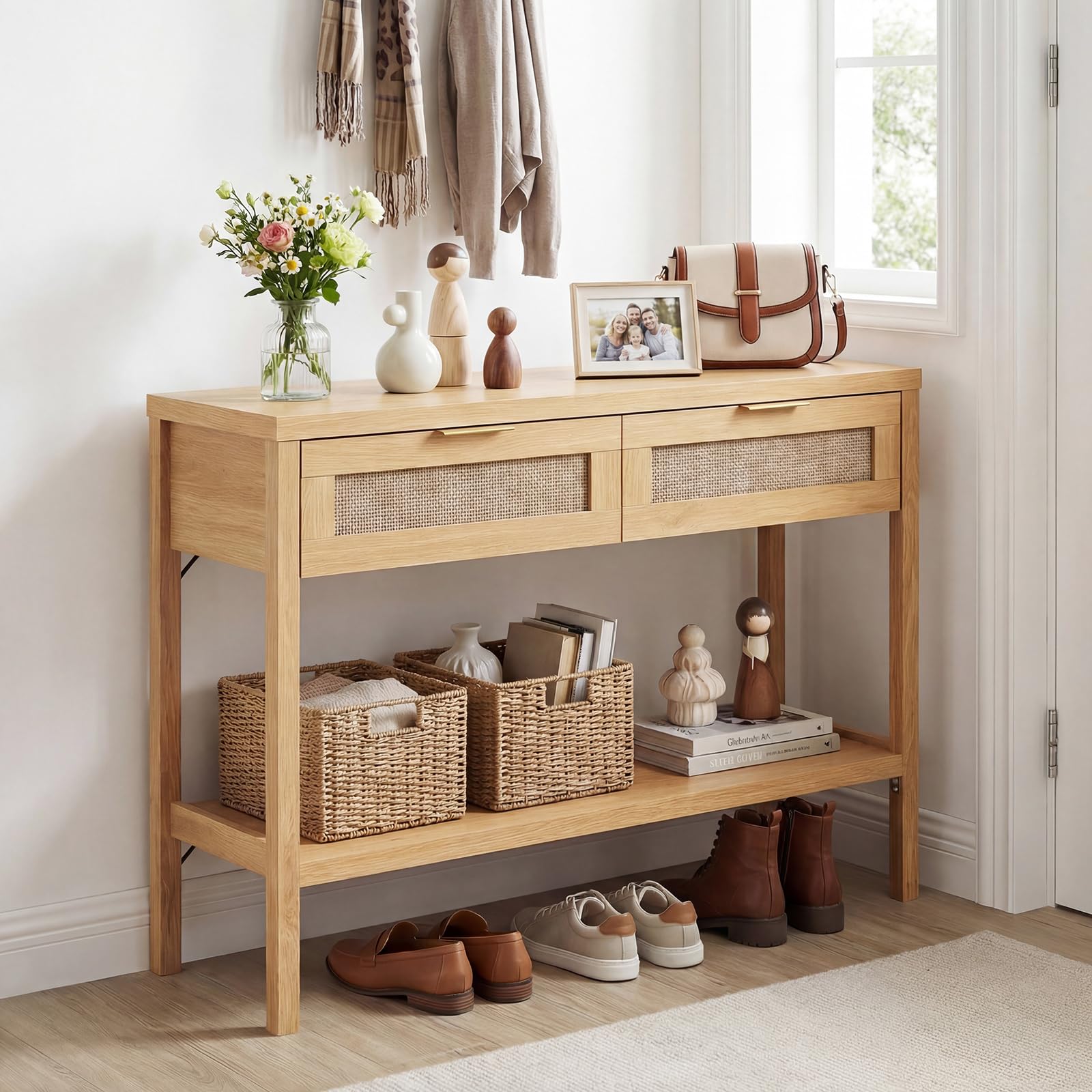 COSTWAY Tavolo Consolle, Tavolino da Divano in Legno con Doppio Cassetto, Ripiano Inferiore e Ampio Piano, Kit Antiribaltamento, Consolle per Ingresso, Corridoio e Soggiorno (Naturale)