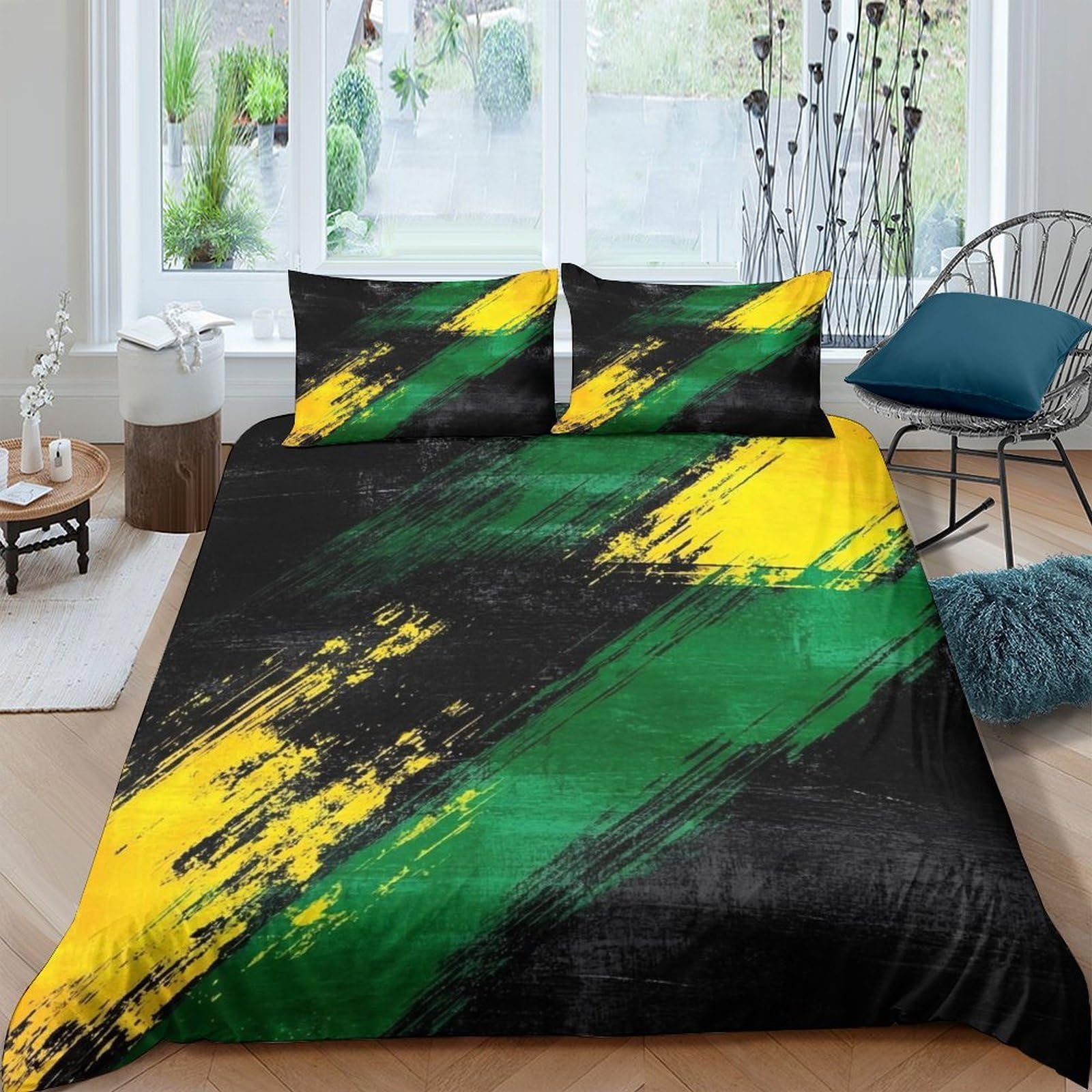 Ctjqhvkz Style-3 3D Printed Abstract Black Yellow Green Fitted Sheet Microfiber Soft Breathable Brushstroke Bed Cover Bedroom Decor Single（135X200cm）