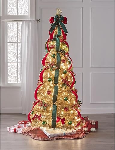BrylaneHome Árbol de Navidad desplegable de 6 pies totalmente decorado, color beige champán