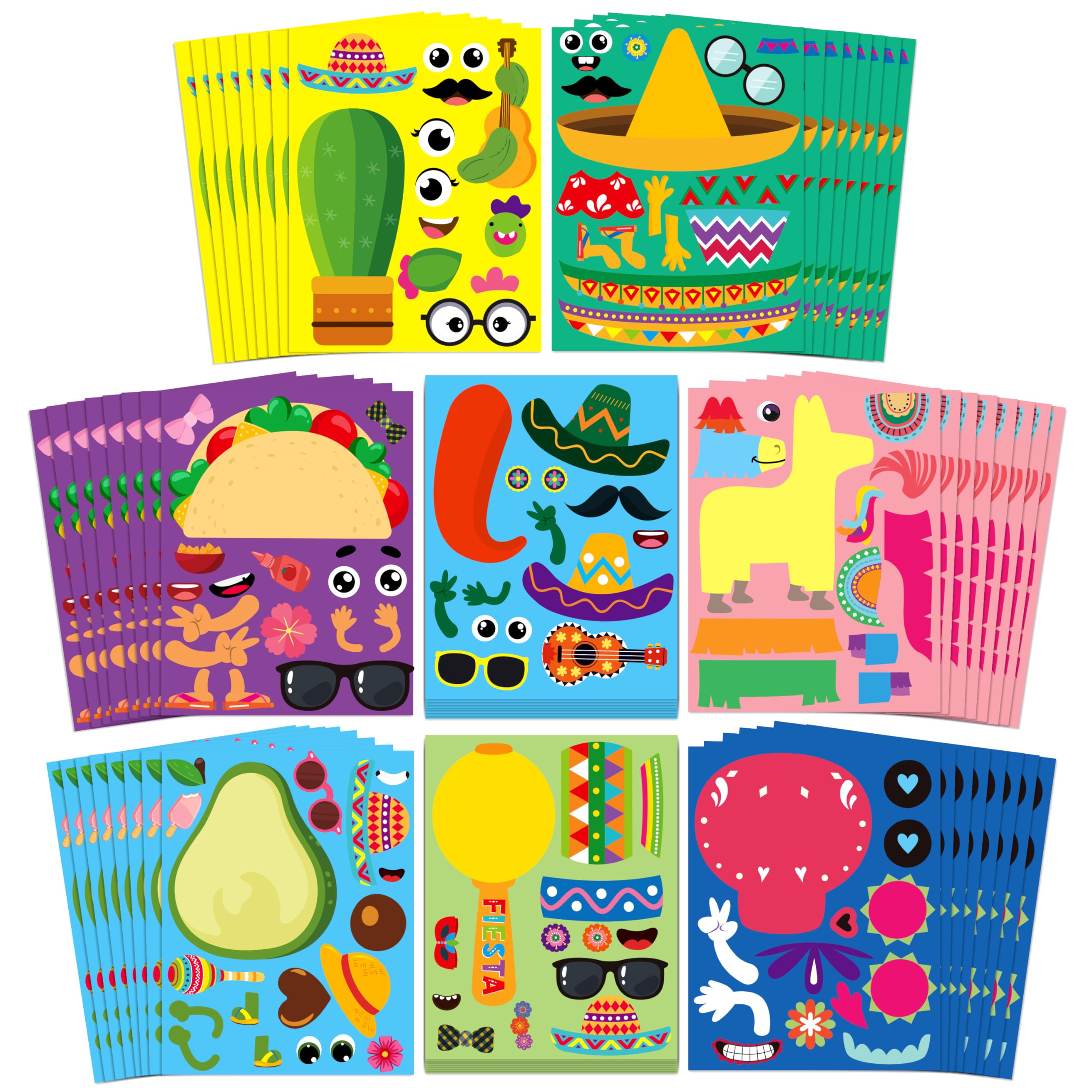 CY2SIDE Mexican Character Face Sticker - 64Pcs DIY Make Your Own Face Stickers Set for Kids, Perfect for Mexican Fiesta Party Favors, Cinco De Mayo