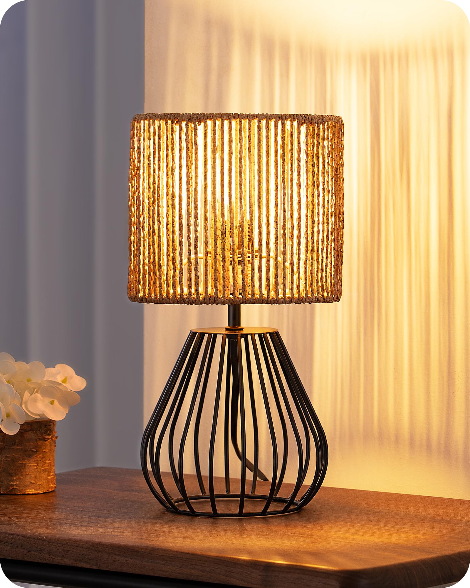 EDISHINE Small Rattan Table Lamp, Industrial Bedside Lamp, Handwoven Lampshade, Boho Lamps for Living Room Bedroom