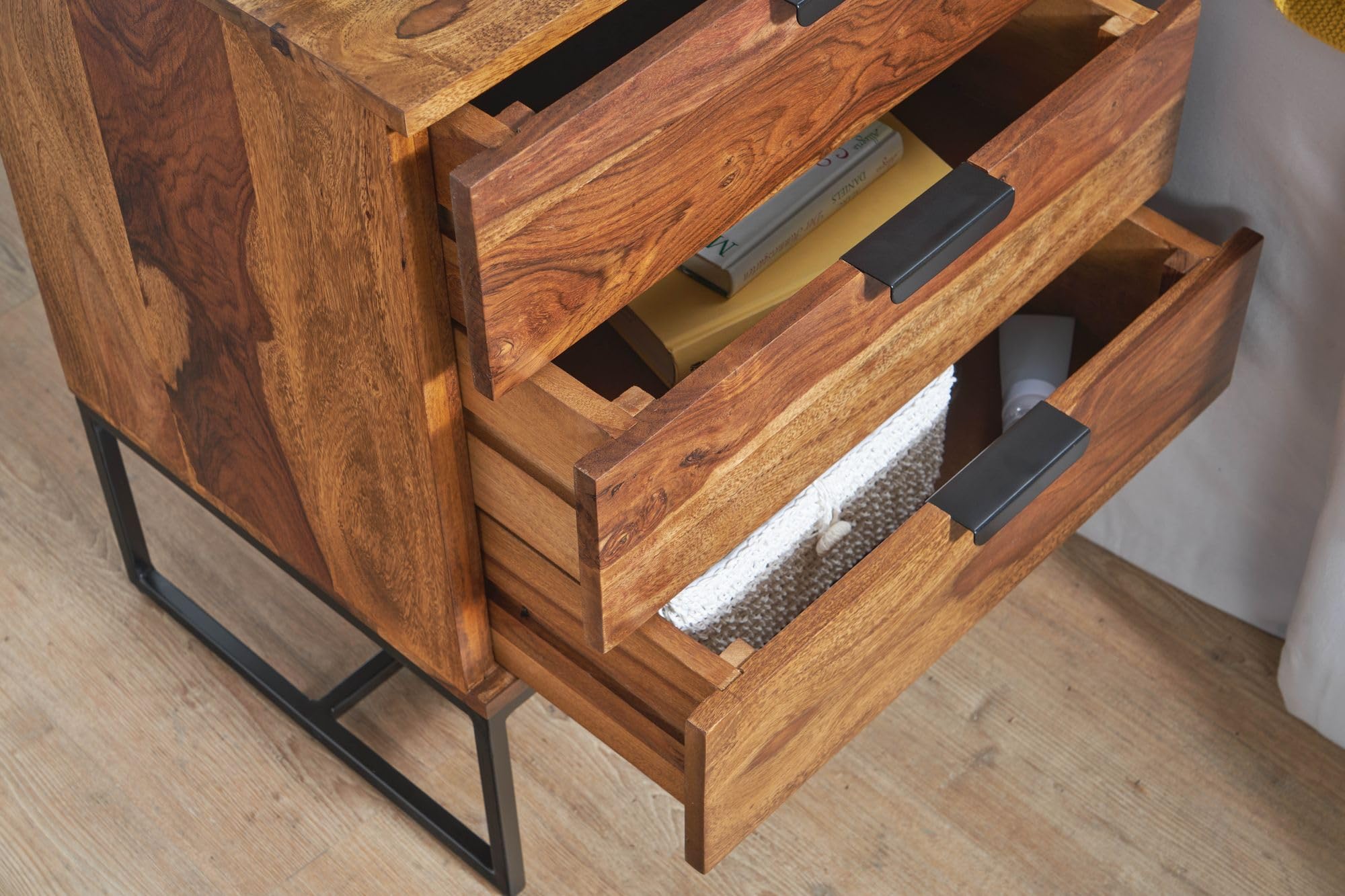 FineBuy Mesita de Noche 50x40x65 cm Madera Maciza de Sheesham y Metal | Mesilla Mesa de Noche con 3 cajones | Consola de Noche con Espacio de Almacenamiento
