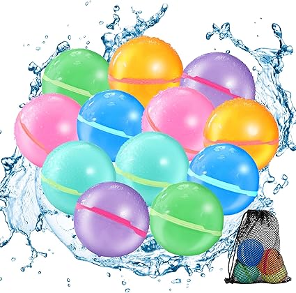 Reusable Water Balloons for Kids - Magnetic Refillable Water Balloons Set, Fun Summer Pool Toys & Beach Water Toys for Outdoor Games (12 Pack)