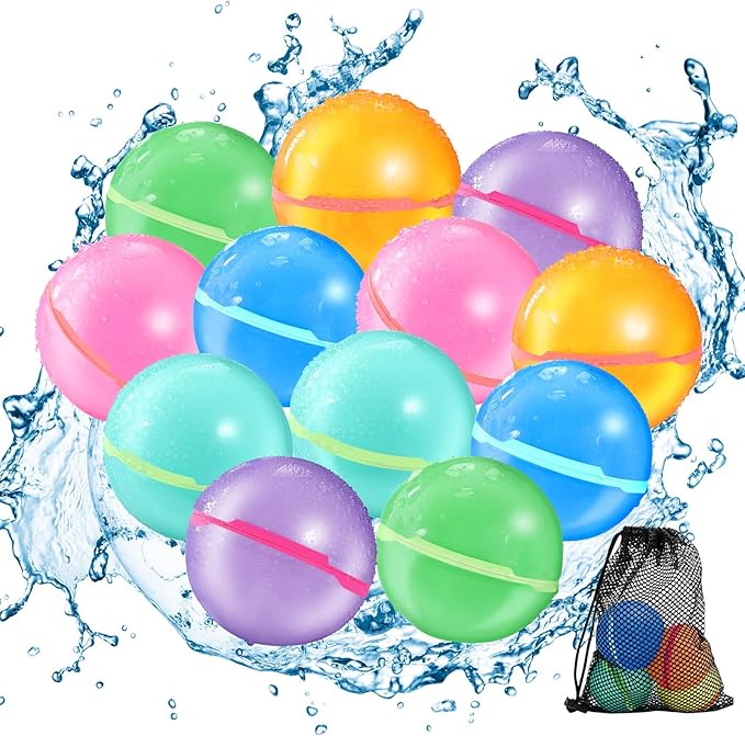 Reusable Water Balloons for Kids - Magnetic Refillable Water Balloons Set, Fun Summer Pool Toys & Beach Water Toys for Outdoor Games (12 Pack)
