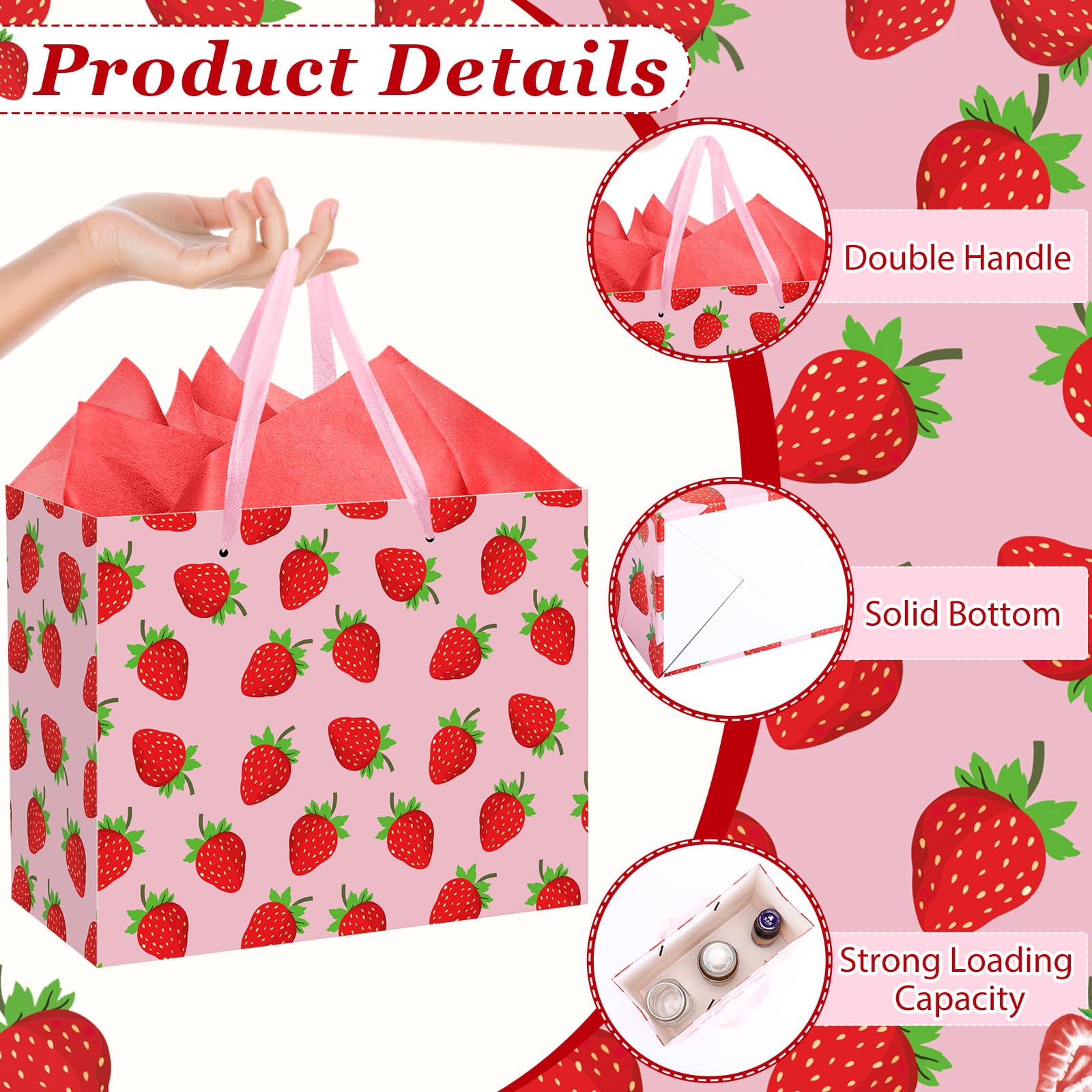 Strawberry Birthday Gift Bag Berry Birthday Decoration Sweet Berry Gift Bag with Wrapping Paper and Card Strawberry Party Wrapping Paper Bag with Handle for Girl Baby Shower Party Supplies