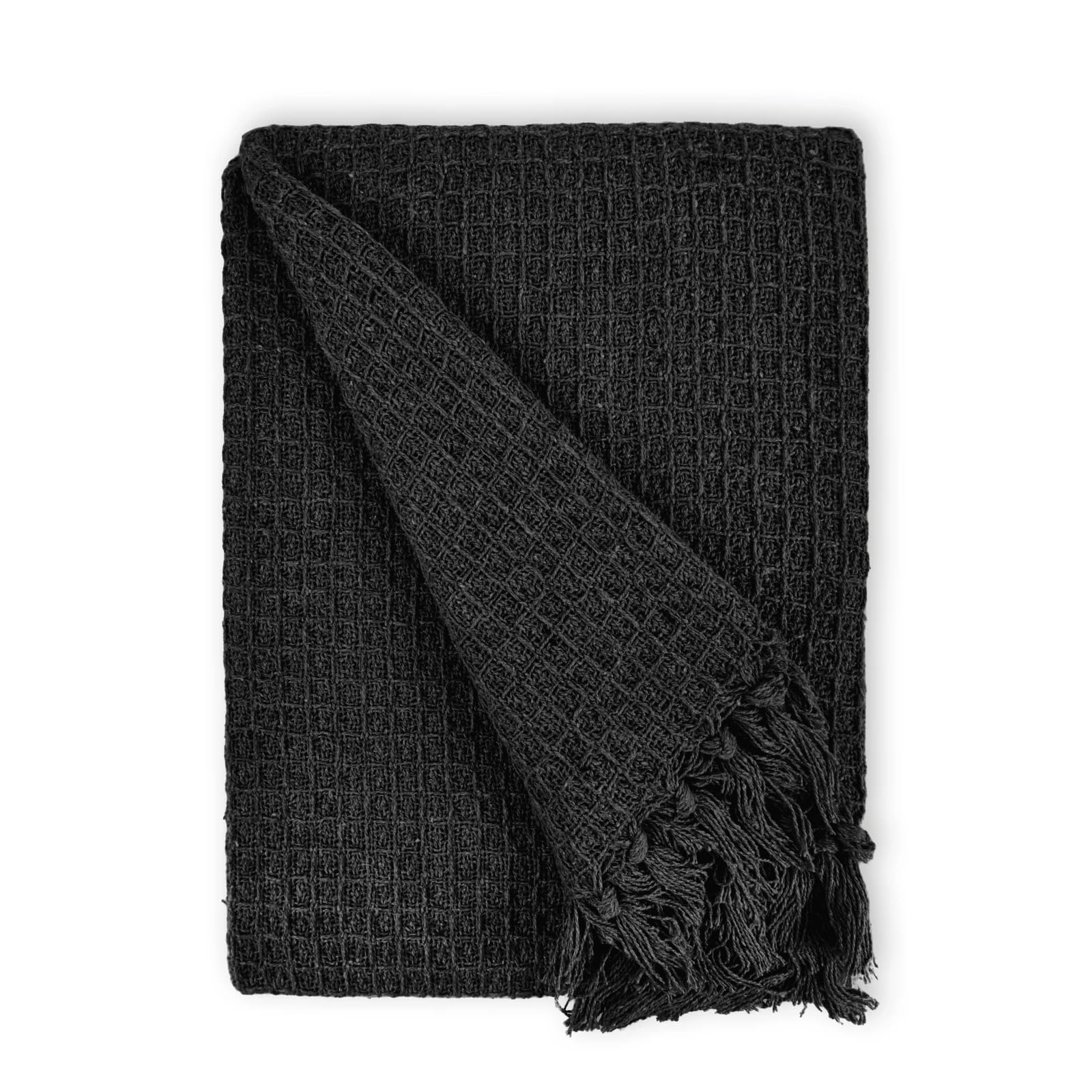 Mehar Bedding 100% Cotton Woven Honeycomb Plain Waffle Textured Chair Sofa Setee Bed Throw Tasselled Edge (BLACK, King (259cms x 259cms)) โ image 1