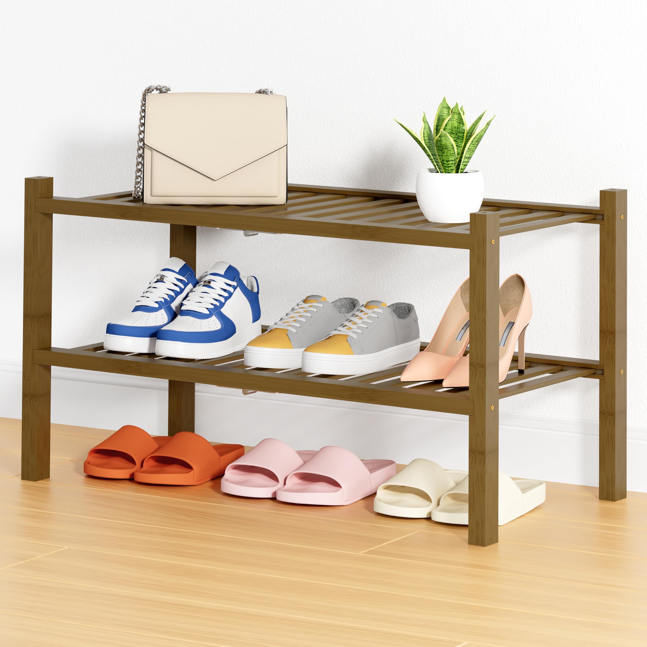 smiry Shoe Rack, 2 Tier Bamboo Shoe Organizer, Stackable Free Standing Wooden Shoe Storage Shelf for Entryway, Front Door Entrance, Walnut