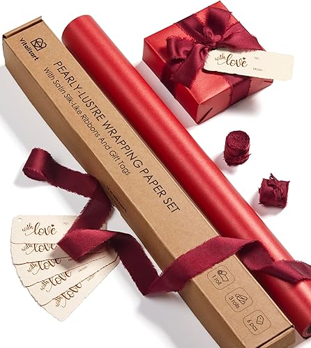 Vitalizart Juego de papel de regalo rojo de 17 pulgadas con cinta de satén similar a la seda y etiquetas de regalo, envoltura de regalos de Navidad