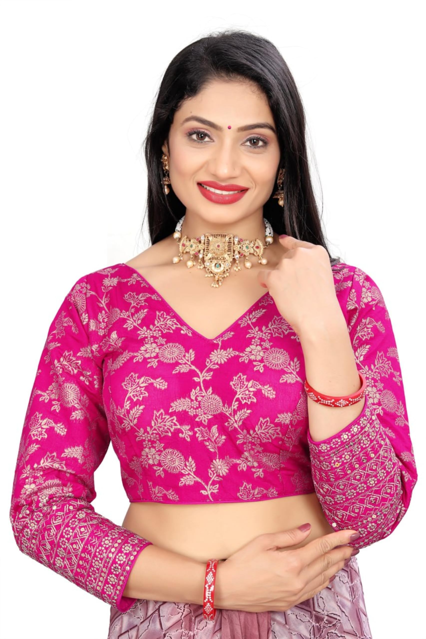 Women's Pure Dola Silk Jacquard Blouse – Heavy Embroidery & Sequins Work, V-Neck Front Hook Open, Long Sleeves, Padded, Ready Size 38 (Alterable 36–40)-image-14