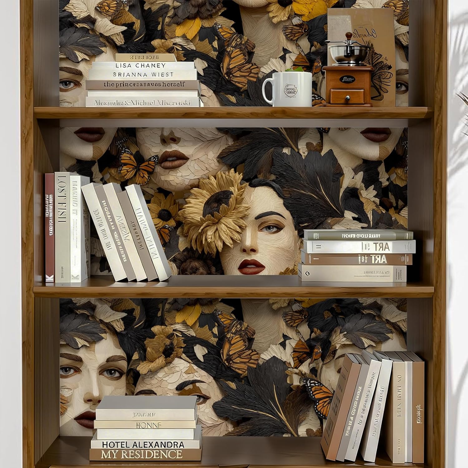 Elegant Art Sculpted Human Portrait Wallpaper Self Adhesive Peel and Stick Butterfly Sunflower Dark Brown Leaf Wall Paper Removable Waterproof for Bedroom Renter Friendly 17.71"x236.2"