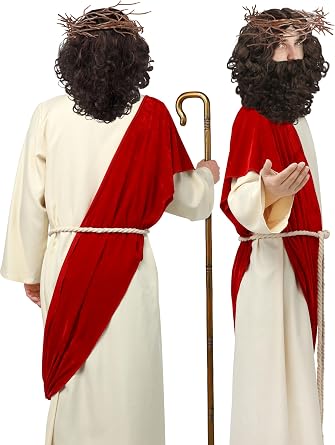 SOMSOC 7 Packs Jesus Costume Adult Men Biblical Religious Jesus Robe Costume Includes Shawl Waist Rope Wig for Halloween