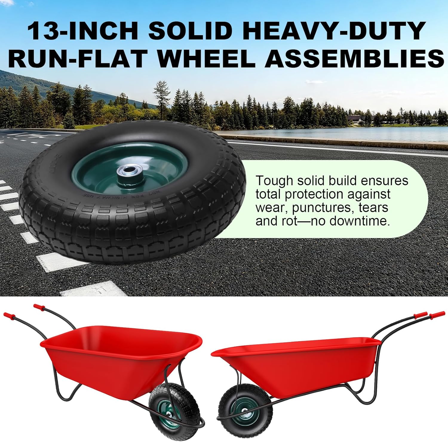 Storystore 4-Pack 4.00-6 Flat Free Tire and Wheel - 13" Wheelbarrow Tires with 5/8" or 3/4" Bearings, 1.75" Centered Hub Heavy Duty Solid Tire for Wheelbarrows, Dolly, Hand Trucks, Wagon and Trailer