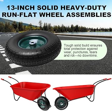 Storystore 4-Pack 4.00-6 Flat Free Tire and Wheel - 13 Wheelbarrow Tires with 5/8 or 3/4 Bearings, 1.75 Centered Hub Heavy Duty Solid Tire for Wheelbarrows, Dolly, Hand Trucks, Wagon and Trailer