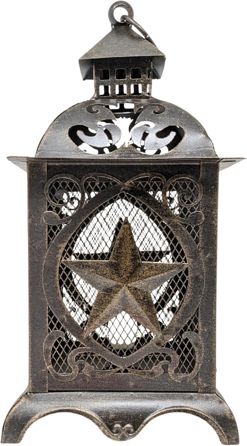 Rustic Western Lantern Lamp with Star Silhouette Design – Vintage Plug-in Metal Table or Hanging Lamp – Decorative Lodge Country Home Décor Accent – Unique Gift for Living Room, Bedroom, or Office