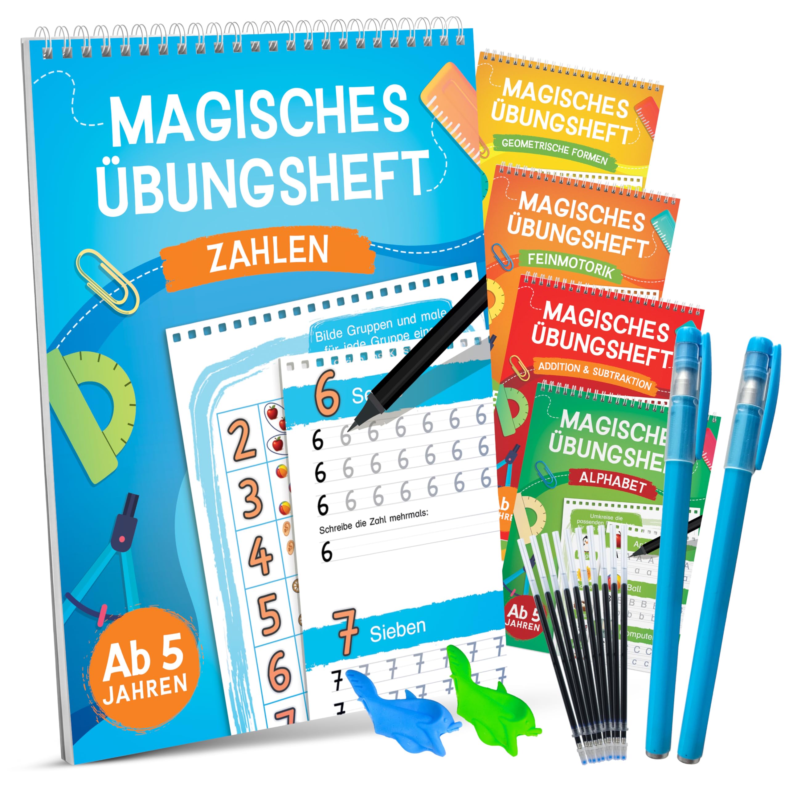 Magische Übungshefte für Vorschule ab 5 Jahren für Mädchen & Jungen - 5 Hefte + Stifte - Wiederverwendbare Vorschulhefte - Buchstaben, Zahlen, Formen und Schreiben lernen - Für Rechts- & Linkshänder