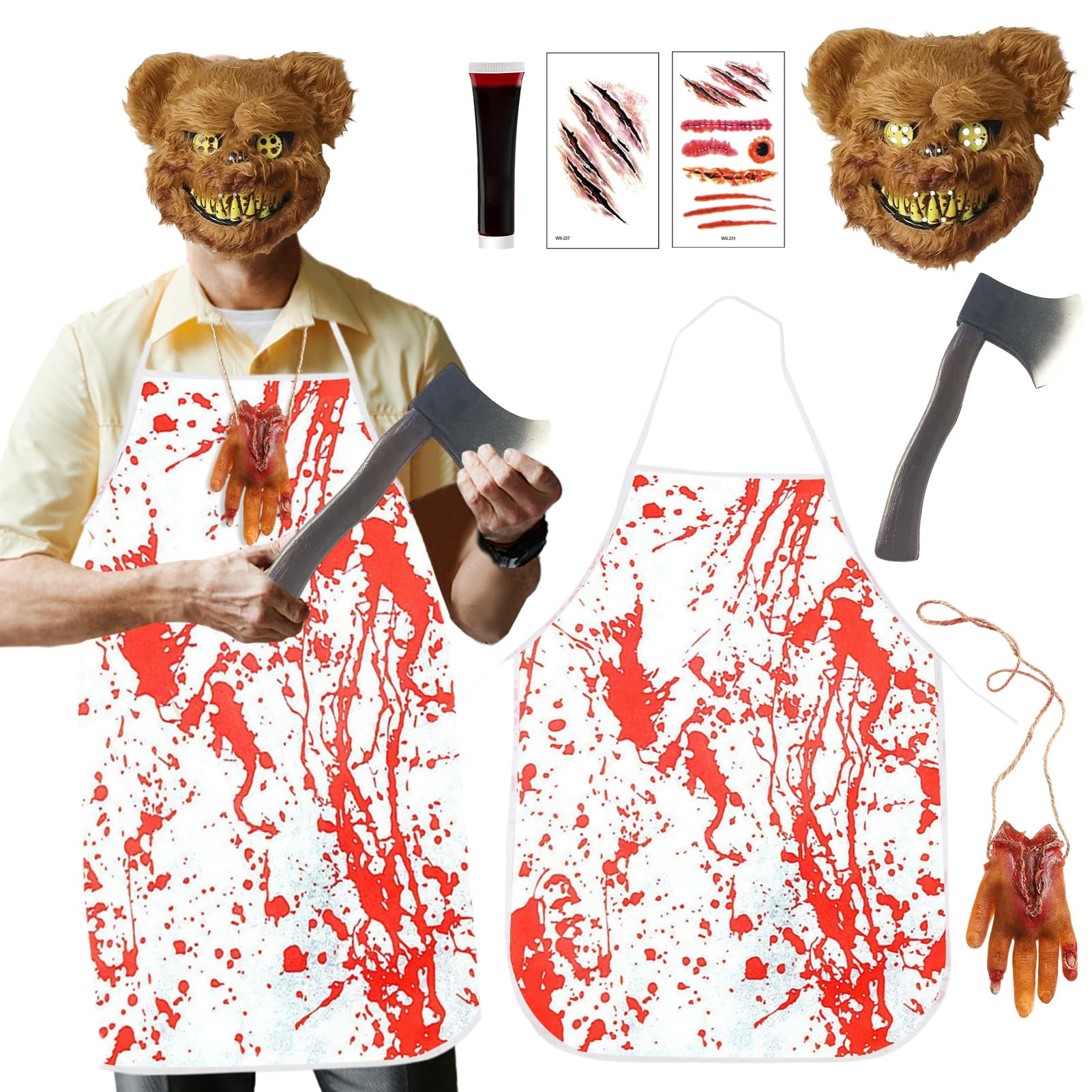 7 pcs Butcher Costume for Men Adult Halloween, Chef Scary Zombie Bloody Apron Killer Bear Purge Mask Knife Axe Props Fake Blood Scar Tattoos Stickers Adults Halloween Outfit Fancy Dress Up Party