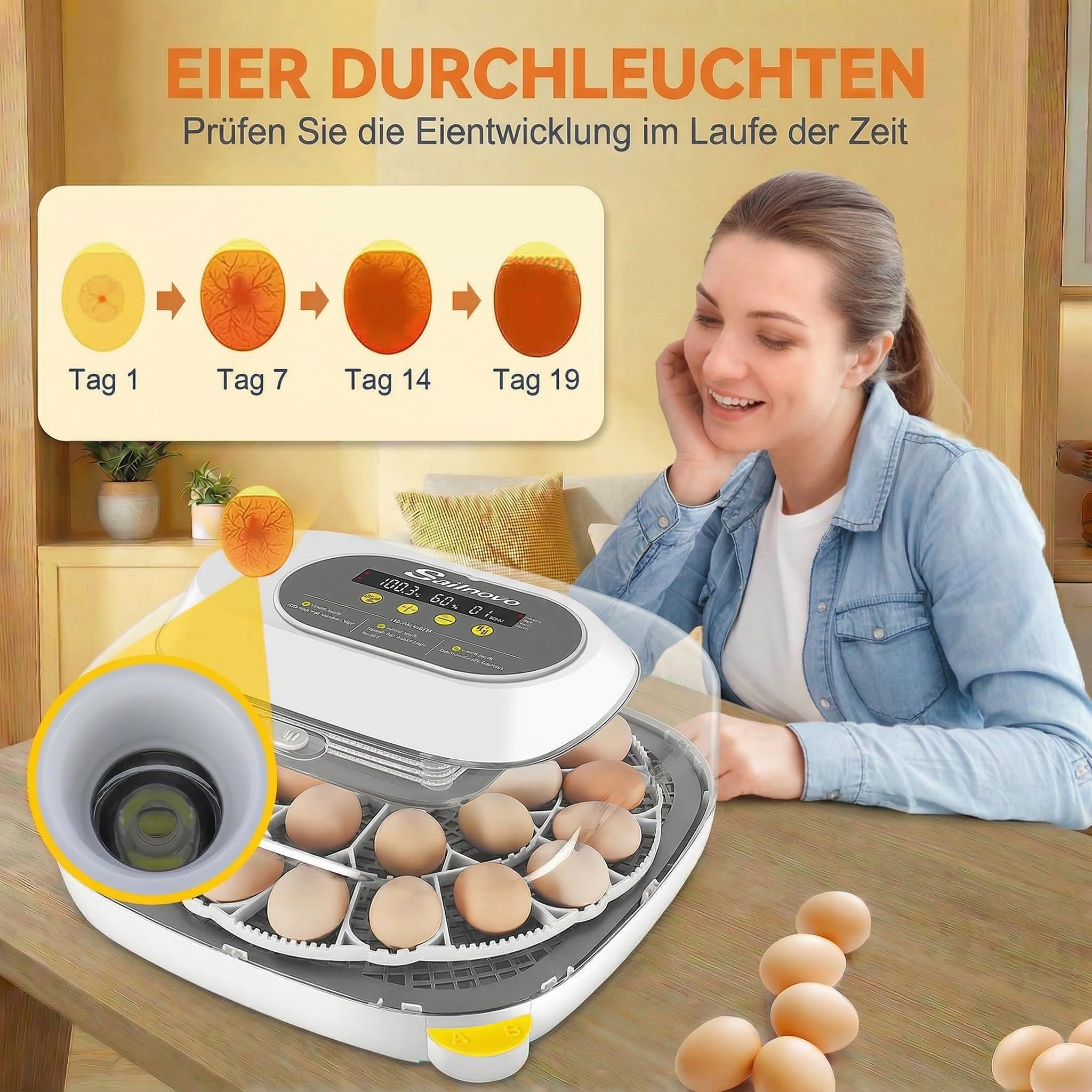 Sailnovo Brutautomat Für 20 Eier – Vollautomatisch, Temperatur-/Feuchtigkeitskontrolle, Externes Nachfüllen
