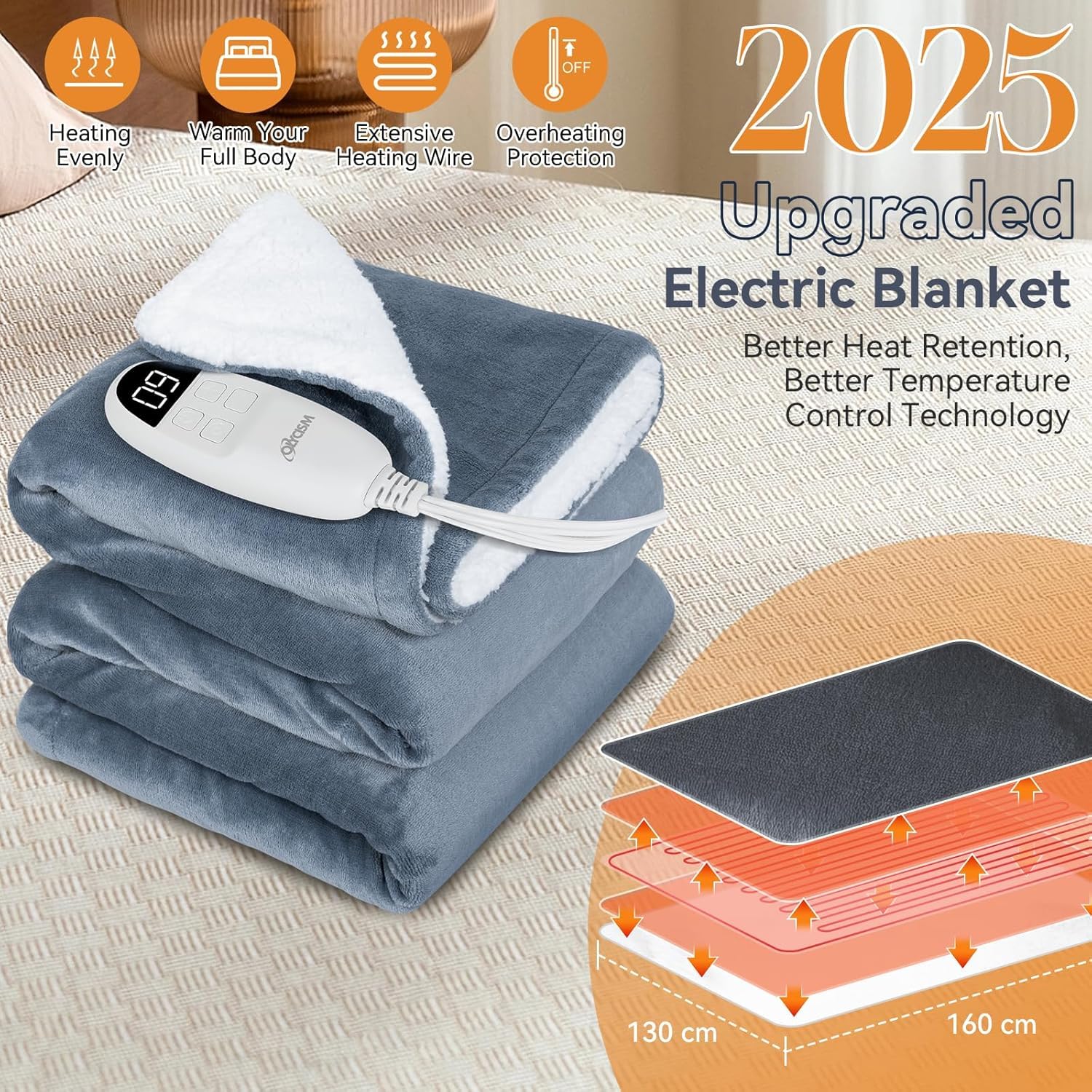 Olycism Coperta Termica 130 * 160cm Coperta Riscaldante Elettrica con 9 Livelli Di Calore e 10 Timer e Display Led Plaid Riscaldabile Termocoperta Singola e Doppie Grigio