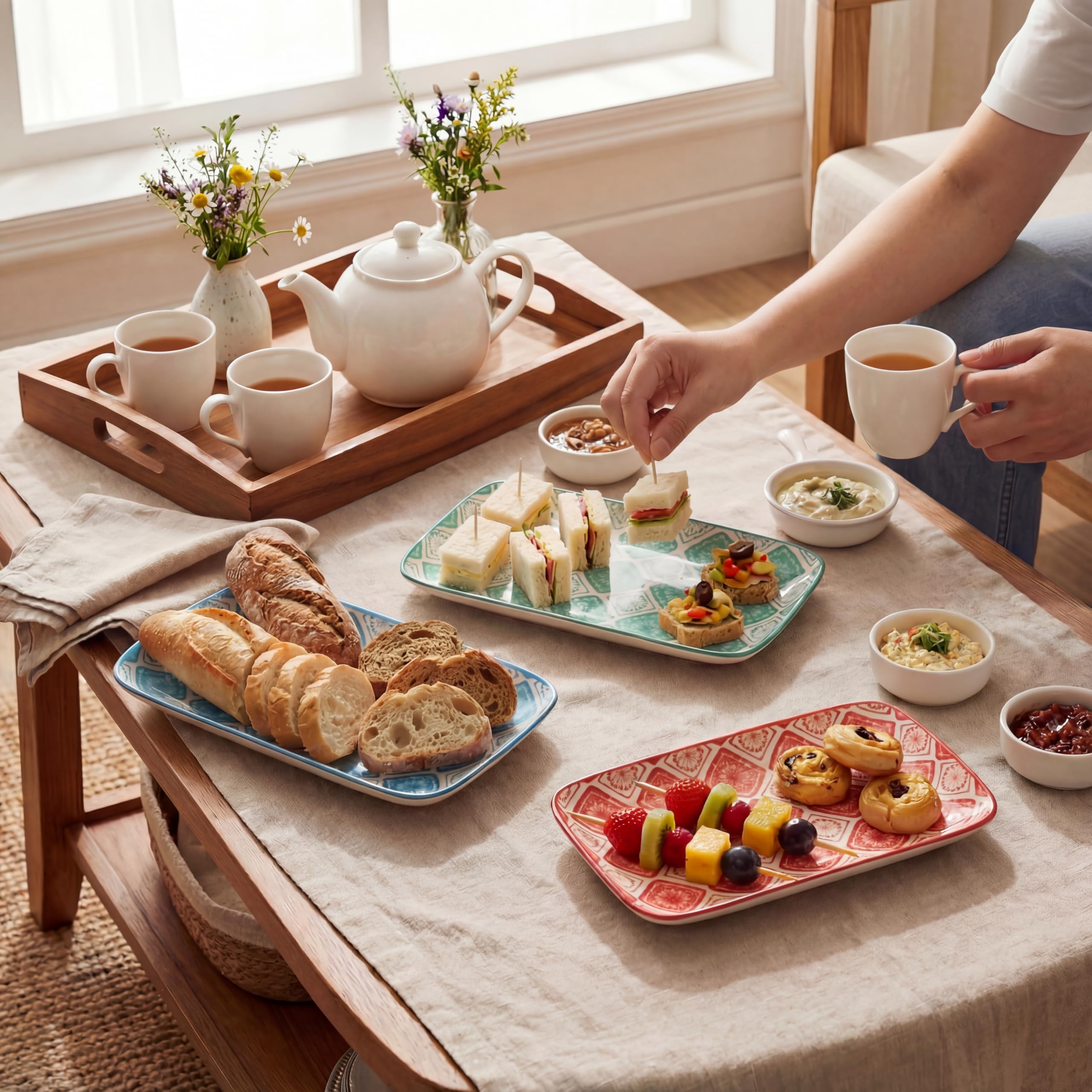 Piatti Servizio Ceramica Piatto Rettangolari - Set Piatti Colorati Design Porcellana - Piccoli Piatti Dessert | Sushi | Aperitivo | Dolce - Adatto per Microonde e Lavastoviglie - 20 x 11 cm - Set da 6