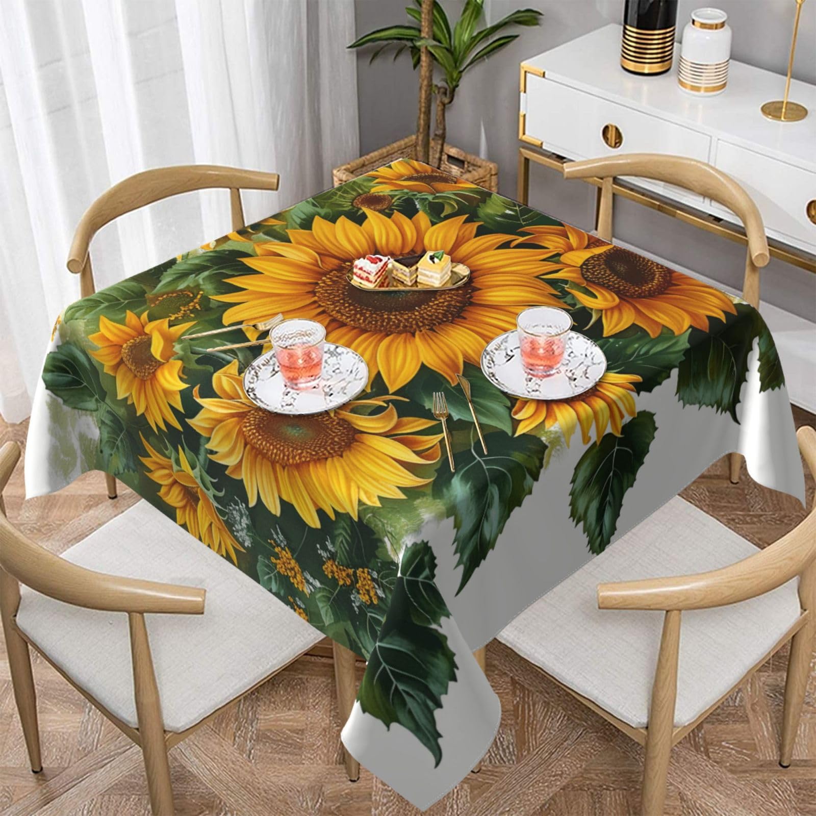 WPKJU Sunflowers Art Printed Square Tablecloth 60x60 inch Water Resistant Table Cover Washable Rectangle Table Cloth for Dining Tables