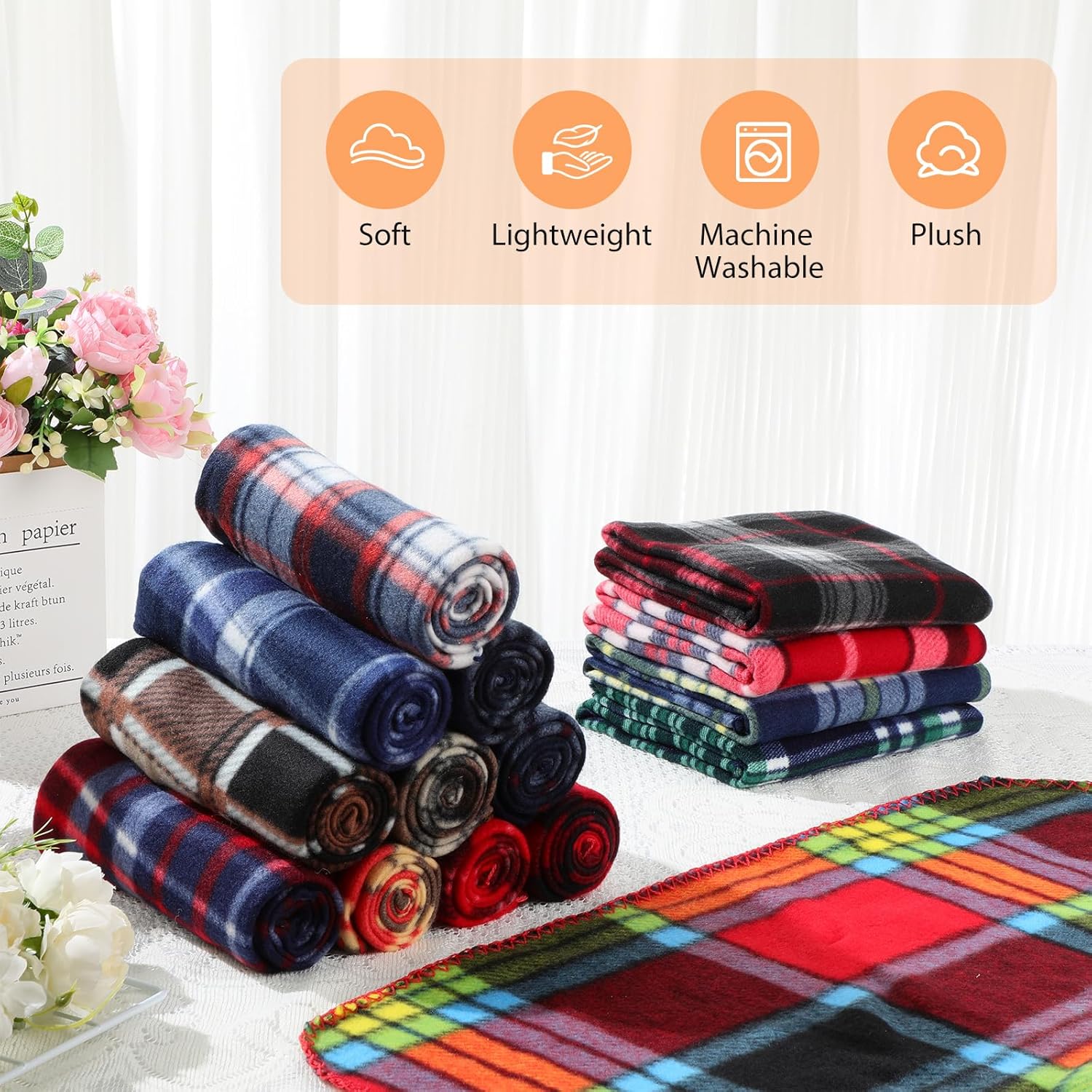 Chumia 15 Pcs Puppy Blankets for Small Dogs Cat 23.6 x 27.6 Inch Fleece Small Pet Blanket Soft Warm Washable Sleep Mat Pad Bed Cover for Dog Puppy Cat Kitten Pig Rabbit Plaid Pattern Colorful