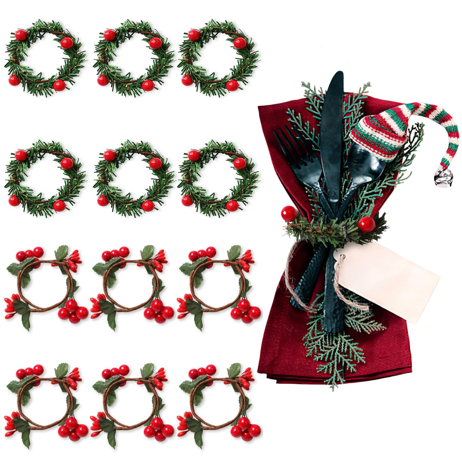 CHENYU 12 Pezzi Portatovaglioli Natale con Bacche Rosse - Riutilizzabile 6 cm DIY Ghirlanda per Festa, Nozze, Ringraziamento, Decorazioni per la Tavola
