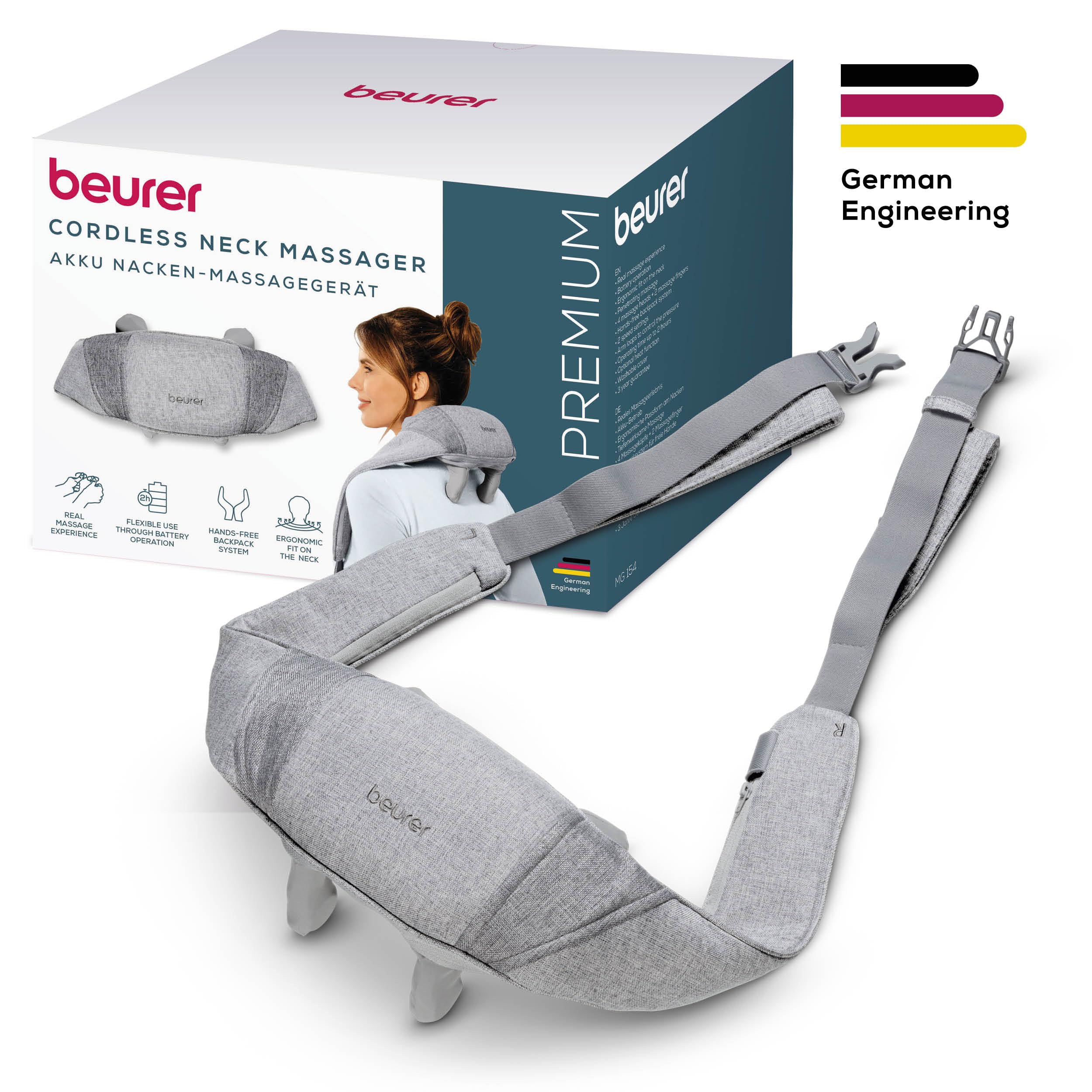Beurer MG 154 Aparato de masaje para la nuca con batería con función de calor, para hombros y nuca, funcionamiento inalámbrico de hasta 2 horas, 6 cabezales y dedos de masaje que simulan las manos