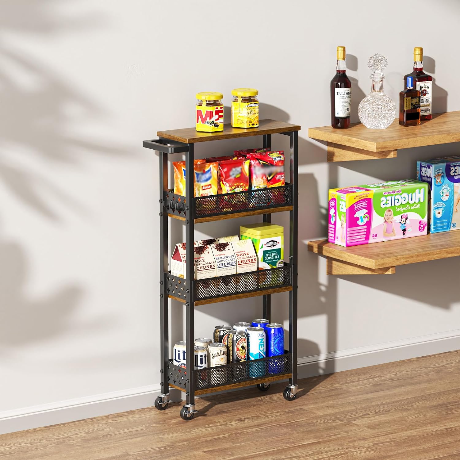 Giwil 4-Tier Slim Rolling Storage Cart for Kitchen Bathroom Organizer, Mobile Narrow Storage Cabinet Utility Cart with Wood Rack on Wheels for Pantry Laundry Small Space - Image 7