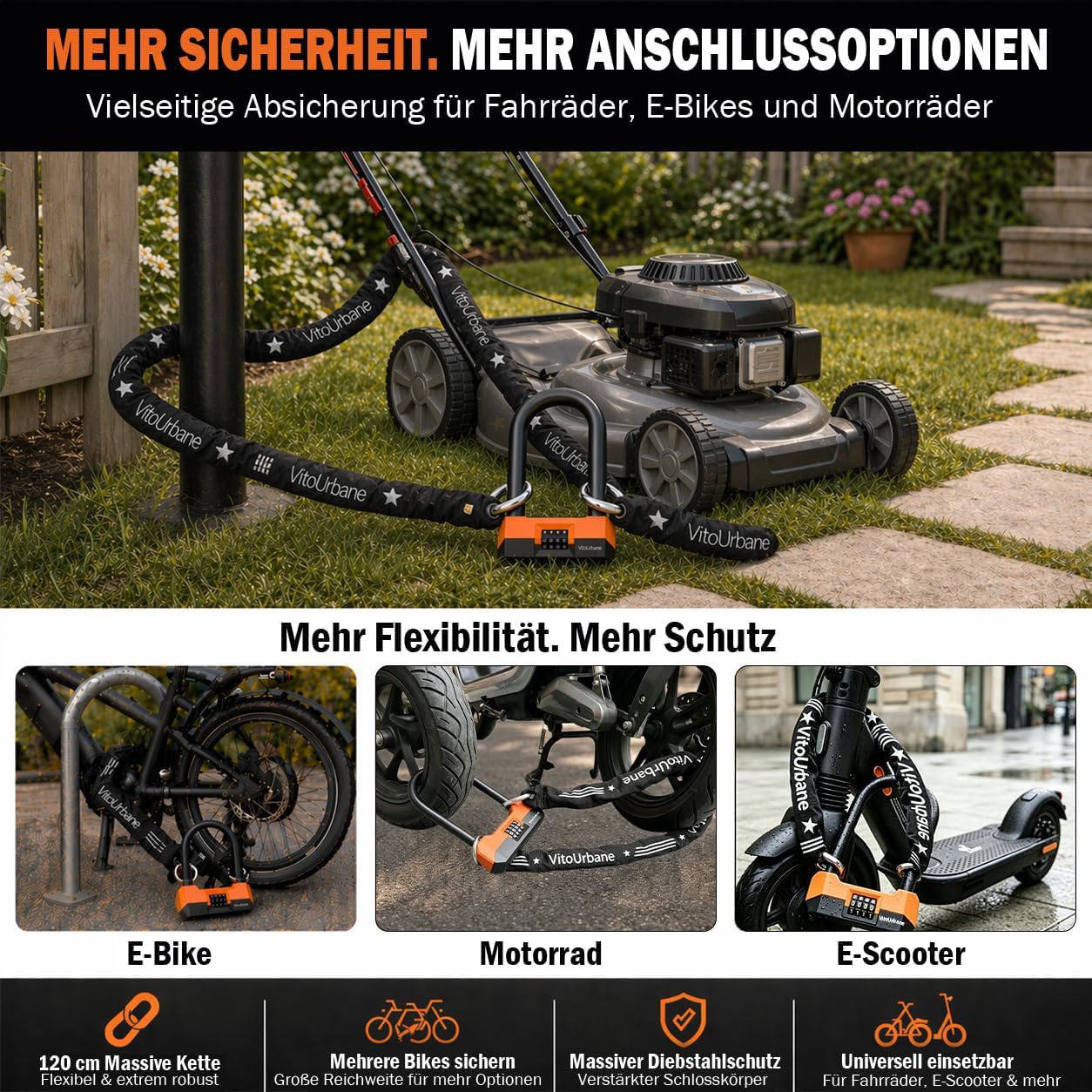 Fahrradschloss mit Zahlencode - 18 mm Fahrrad Bügelschloss und 120 cm Kette