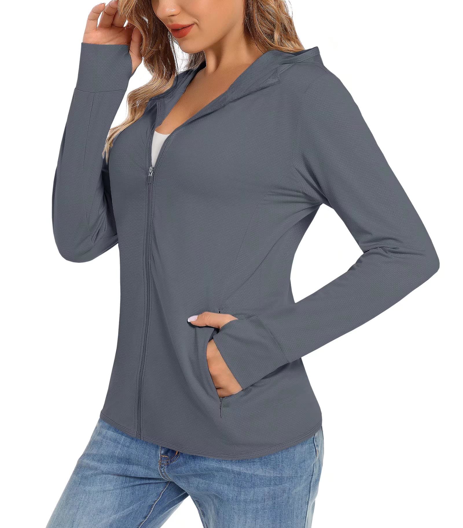 TACVASEN Damen UV Shirt Kapuze Jacke Langarm Laufshirt Schnelltrocknend Sportshirt Full Zip Sun Hoodie mit Daumenloch