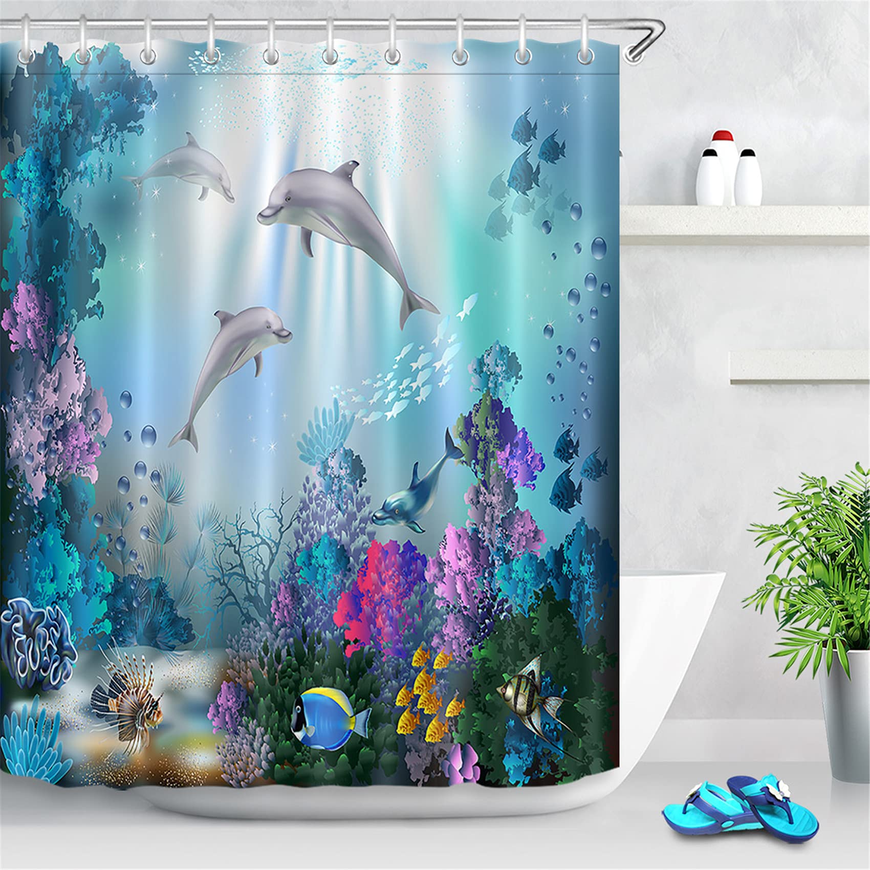 LB Dolphin Shower Curtain with Hook Waterproof Anti Mould Blue Polyester Fabric Curtains for Kids Bathroom,47x69 inches,Tropical Fish in Ocean — image 1