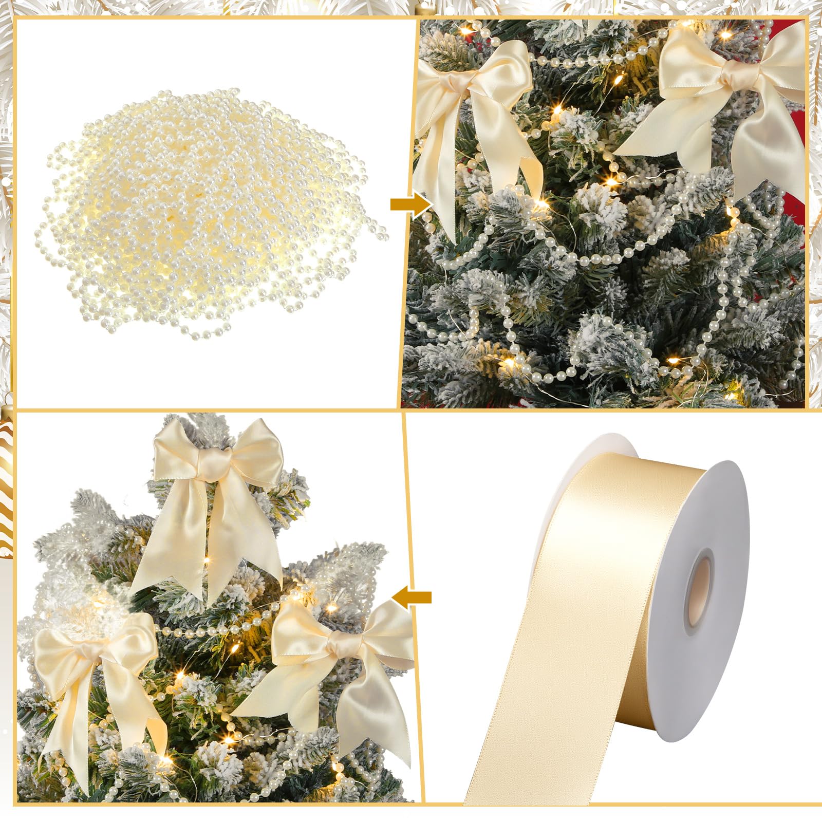 Chuangdi Lot de 2 rubans en satin champagne pour sapin de Noël, 29,9 m, perles blanches, 34,1 m et 5,9 cm pour loisirs créatifs, sapin de Noël, nœud, couronne, emballage cadeau, décoration de fête