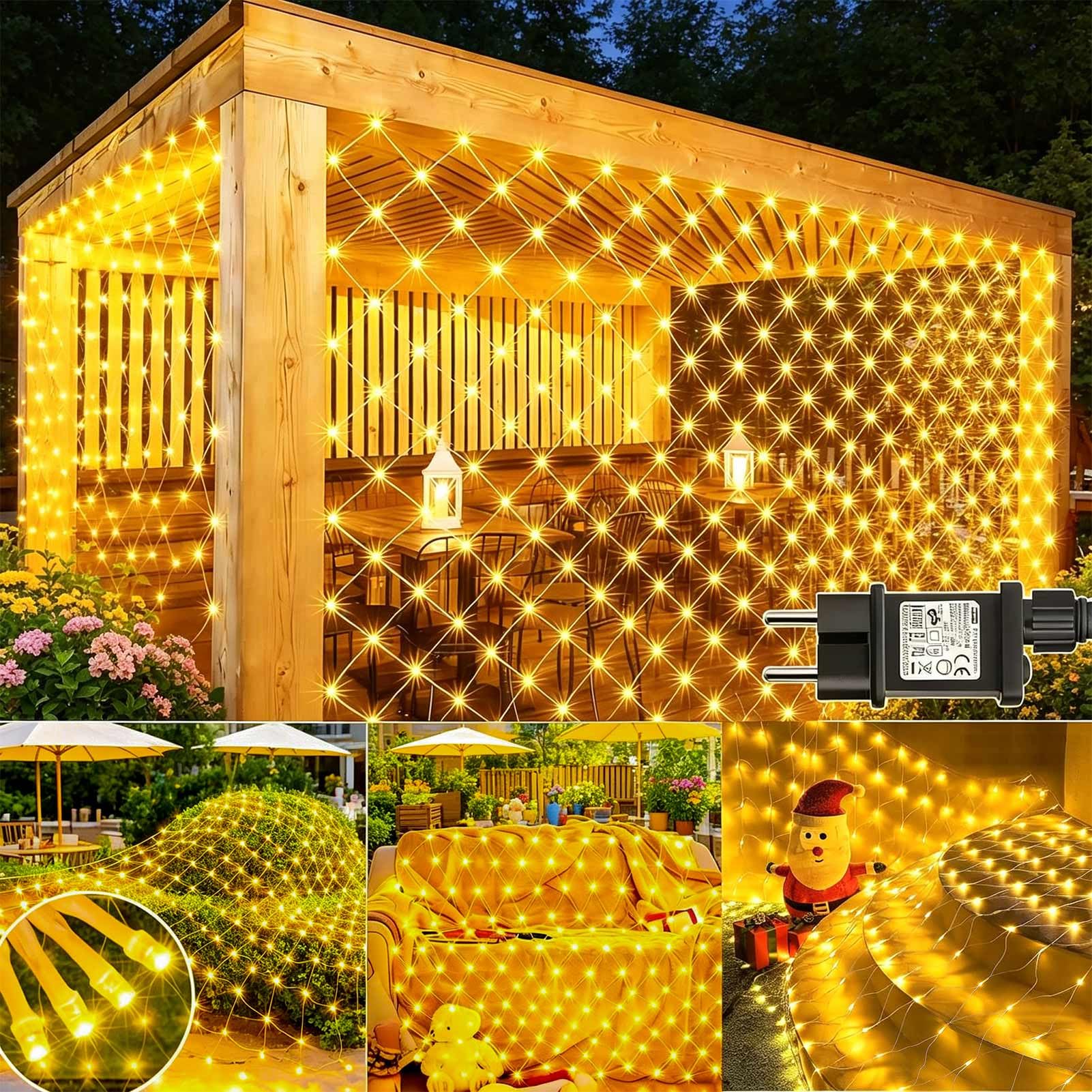 Joycome 2 Piezas Red de Luces Navidad Exterior 3x2m 200 LED Luces Navidad | Enchufe, Temporizador, 8 Modos, Impermeable Malla Luz para Balcon Jardín Terraza Escaparates Decoración - Blanco Cálido