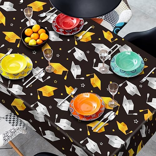 Miniatura 5 de AnyDesign Mantel de graduación 2023, paquete de 3 manteles rectangulares de 54 x 108 pulgadas, color negro, dorado y plateado, mantel de graduación